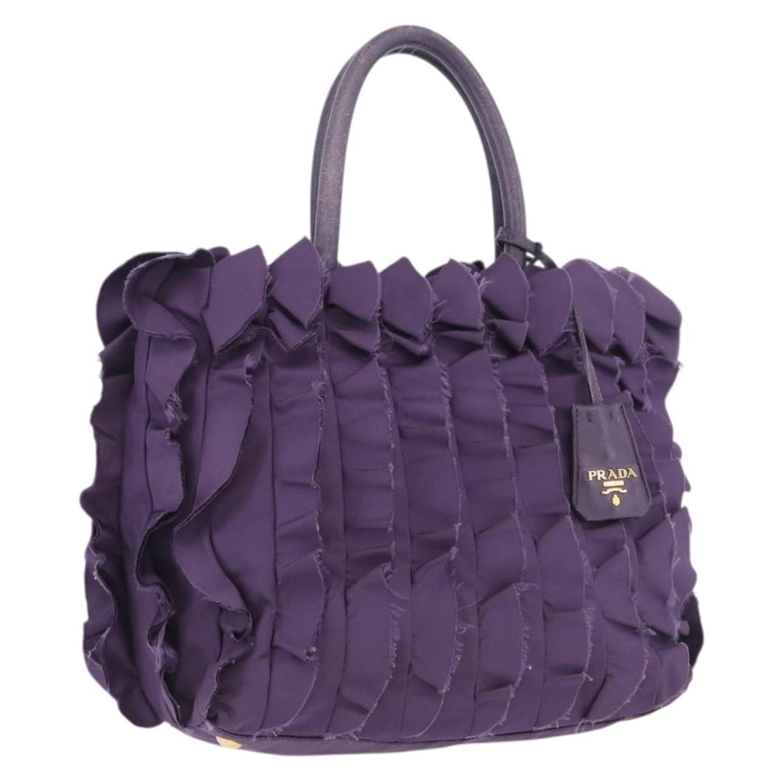 Prada nylon purple gold handbag with clochette and guarantee card: Prada nylon purple gold handbag with clochette and guarantee card This PRADA handbag features a stylish design crafted from durable nylon in a striking purple and gold color combination. The bag inclu