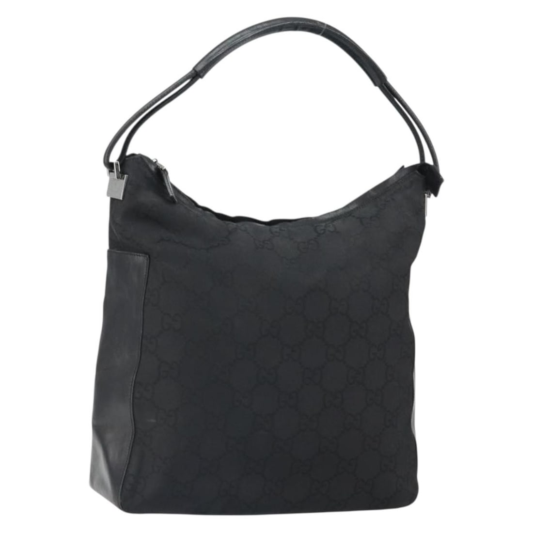 Black GG Canvas GUCCI 001 3770 1705 Shoulder Bag with Silver Accents: Black GG Canvas GUCCI 001 3770 1705 Shoulder Bag with Silver Accents This is a GUCCI GG Canvas shoulder bag featuring a black and silver color scheme. Crafted in Italy, the bag is constructed from the