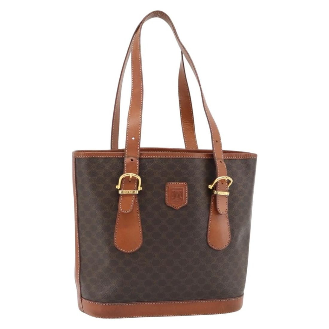 CELINE Macadam Brown PVC Leather Tote Bag Gold Tone Italy: CELINE Macadam Brown PVC Leather Tote Bag Gold Tone Italy CELINE tote bag in PVC leather and Macadam canvas, presented in brown/gold. Made in Italy, this women's bag features a structured tote style w