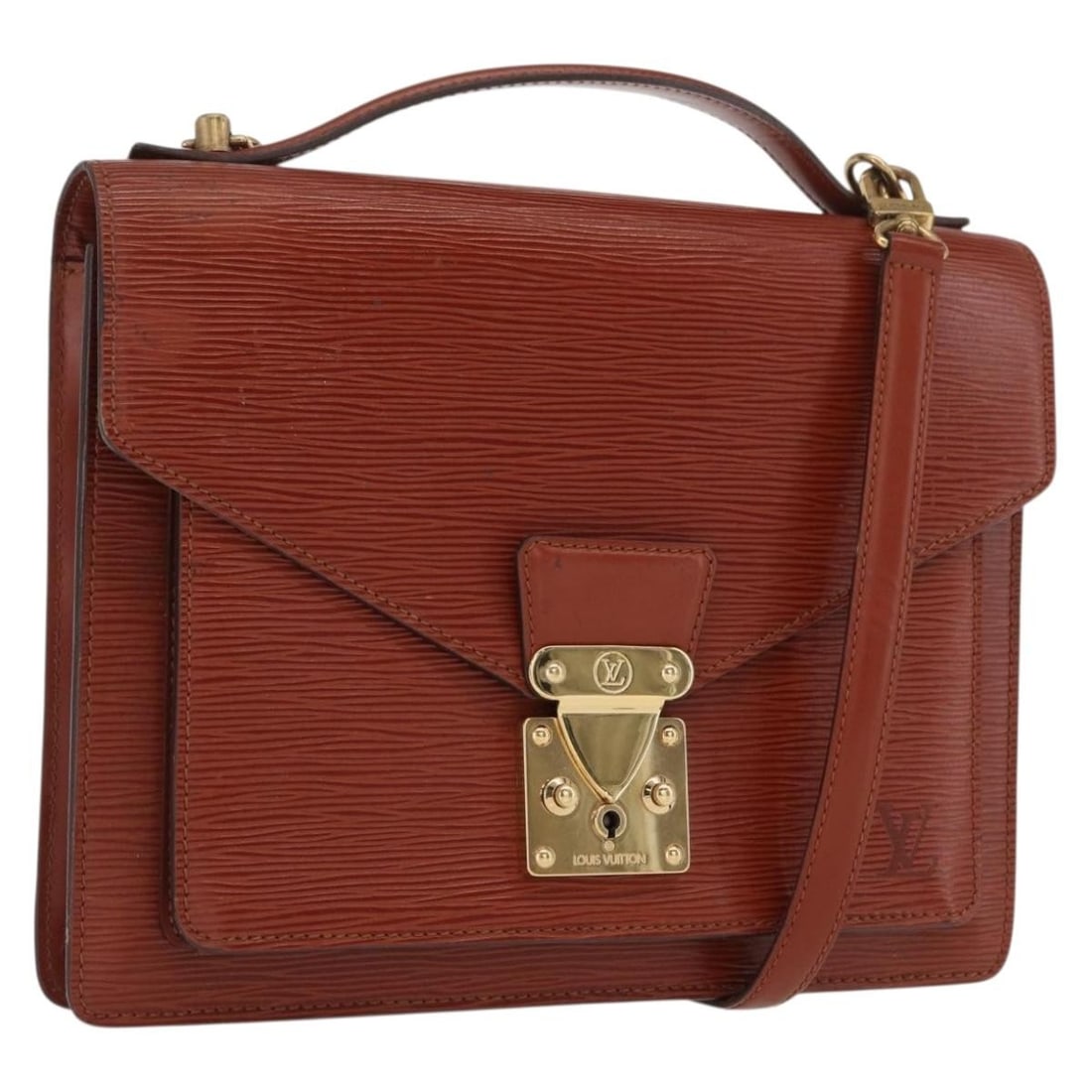 Louis Vuitton Epi Leather Monceau 28 Brown Shoulder Handbag with Strap: Louis Vuitton Epi Leather Monceau 28 Brown Shoulder Handbag with Strap This Louis Vuitton Epi Monceau 28 handbag features brown Epi leather with a structured silhouette. Designed for women, it include