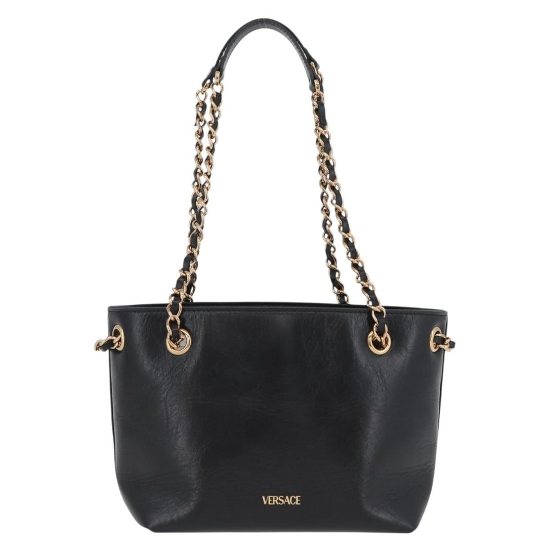 Bottega Veneta Black Leather Tote with Gold Chain Handles Italy: Bottega Veneta Black Leather Tote with Gold Chain Handles Italy This Bottega Veneta chain tote bag is crafted from black leather with gold-tone accents, designed specifically for women. Made in Italy,