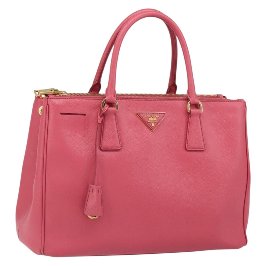 PRADA Galleria Saffiano Leather Handbag Pink with Dust Bag Clochette: PRADA Galleria Saffiano Leather Handbag Pink with Dust Bag Clochette Prada Galleria handbag in pink Saffiano leather with gold-tone accents. Includes a dust bag and clochette. Made in Italy. Condition