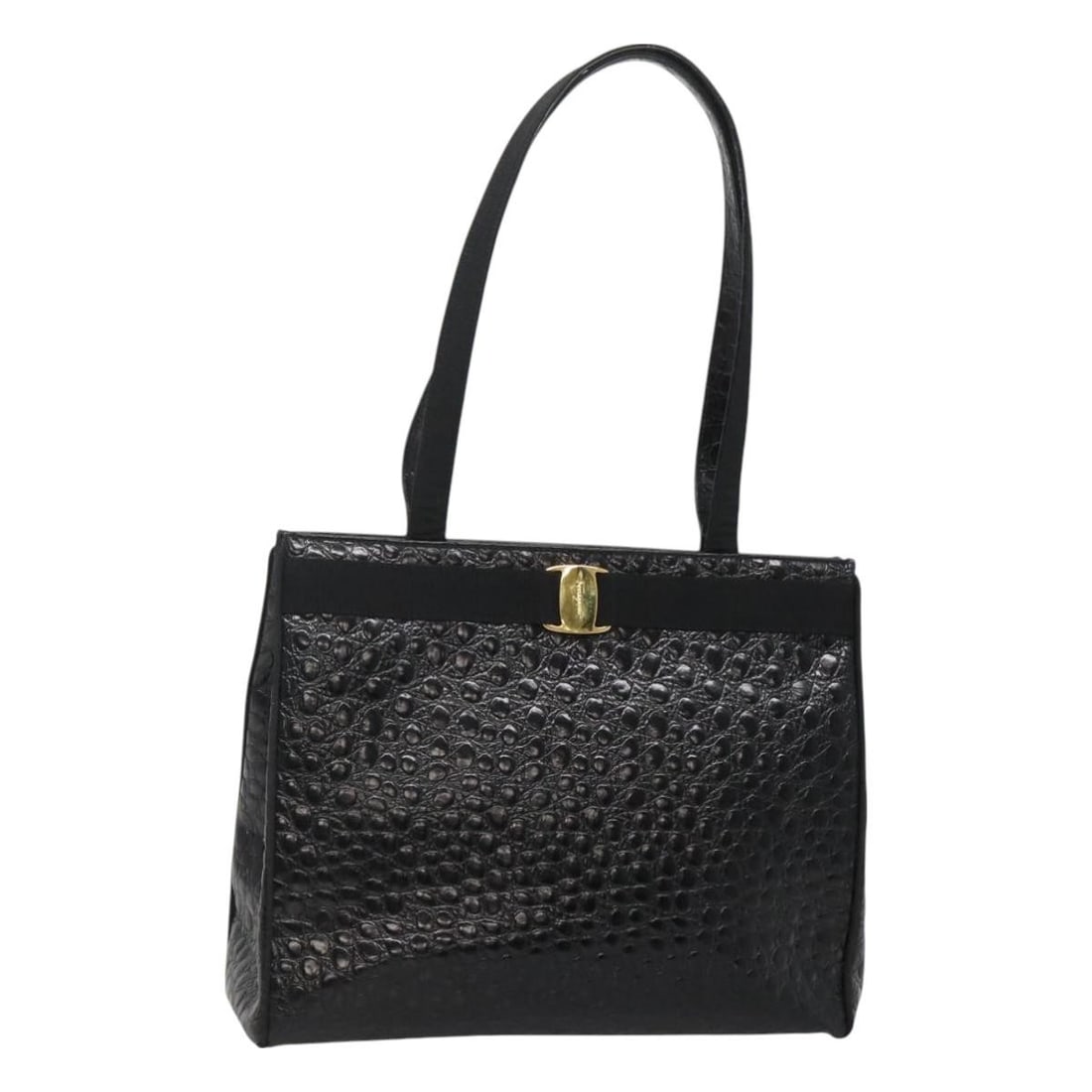 Salvatore Ferragamo Vala Leather Tote Bag Black Gold Auth AN21 2530: Salvatore Ferragamo Vala Leather Tote Bag Black Gold Auth AN21 2530 Experience luxury with the Salvatore Ferragamo Vala Tote Bag, a sophisticated accessory crafted from high-quality leather. This styl