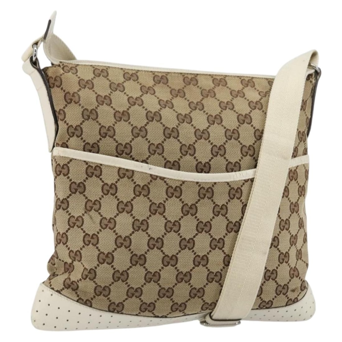 Gucci 145857 GG Canvas Shoulder Bag Beige Silver Tone: Gucci 145857 GG Canvas Shoulder Bag Beige Silver Tone GUCCI shoulder bag in beige and silver GG Canvas, made in Italy. It features a shoulder strap with an approximate drop of 35 to 60 cm. The item is