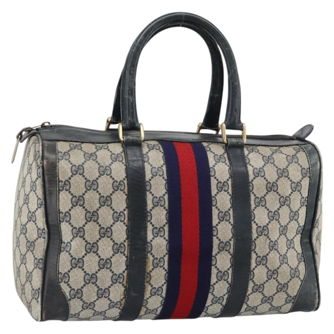 Gucci Sherry Line GG Supreme Boston Bag Navy PVC Leather: Gucci Sherry Line GG Supreme Boston Bag Navy PVC Leather Gucci GG Supreme Sherry Line Boston Bag in navy and gold, made from PVC leather and GG canvas. This Italy-made bag has a Boston bag style with 