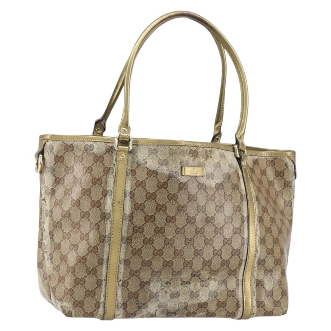 GUCCI GG Crystal Tote Bag Pink Gold Coated Canvas 197953 Authentic: GUCCI GG Crystal Tote Bag Pink Gold Coated Canvas 197953 Authentic This authentic GUCCI GG Crystal Tote Bag features a stylish pink and gold design crafted from durable coated canvas. With approximate