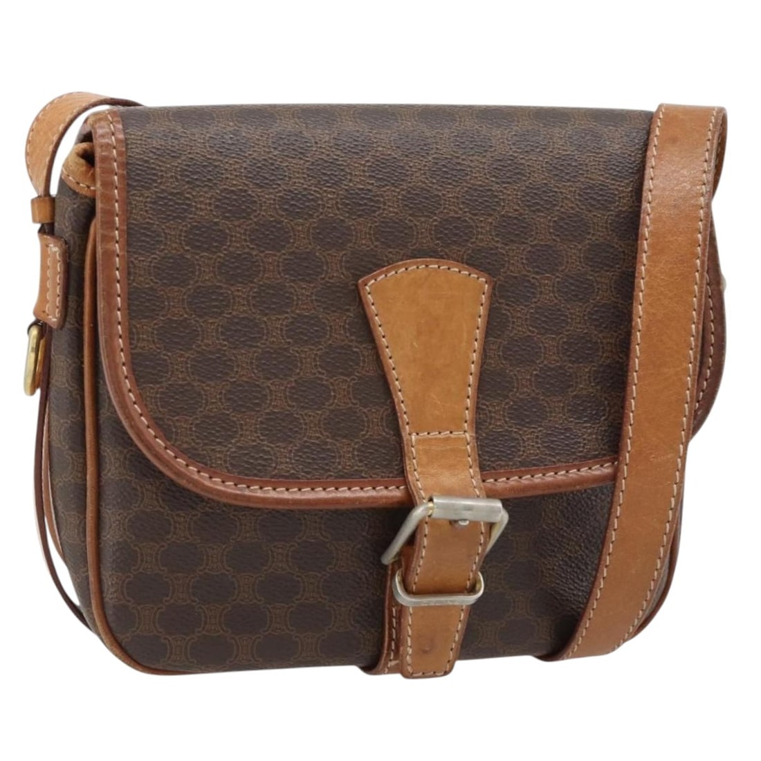 Celine Macadam Shoulder Bag Brown PVC Leather Gold Tone Hardware: Celine Macadam Shoulder Bag Brown PVC Leather Gold Tone Hardware Celine Macadam canvas shoulder bag in brown and gold, made in Italy. It is crafted from PVC leather and Macadam canvas and features a s