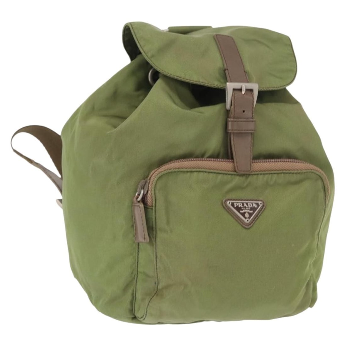 PRADA Nylon Backpack in Green with Silver Tone Trim: PRADA Nylon Backpack in Green with Silver Tone Trim Authentic Prada women's backpack in green nylon with silver-tone accents, made in Italy. This heavily used bag shows visible wear throughout, includ