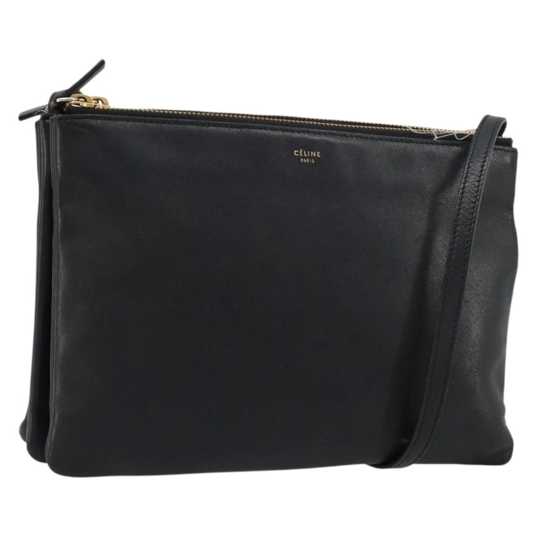 CELINE Trio Black Leather Shoulder Bag Gold Tone Hardware: CELINE Trio Black Leather Shoulder Bag Gold Tone Hardware A CELINE Trio shoulder bag in black leather with gold-tone hardware, made in Italy. The bag measures approximately W25 x H18 x D2 cm, with a s