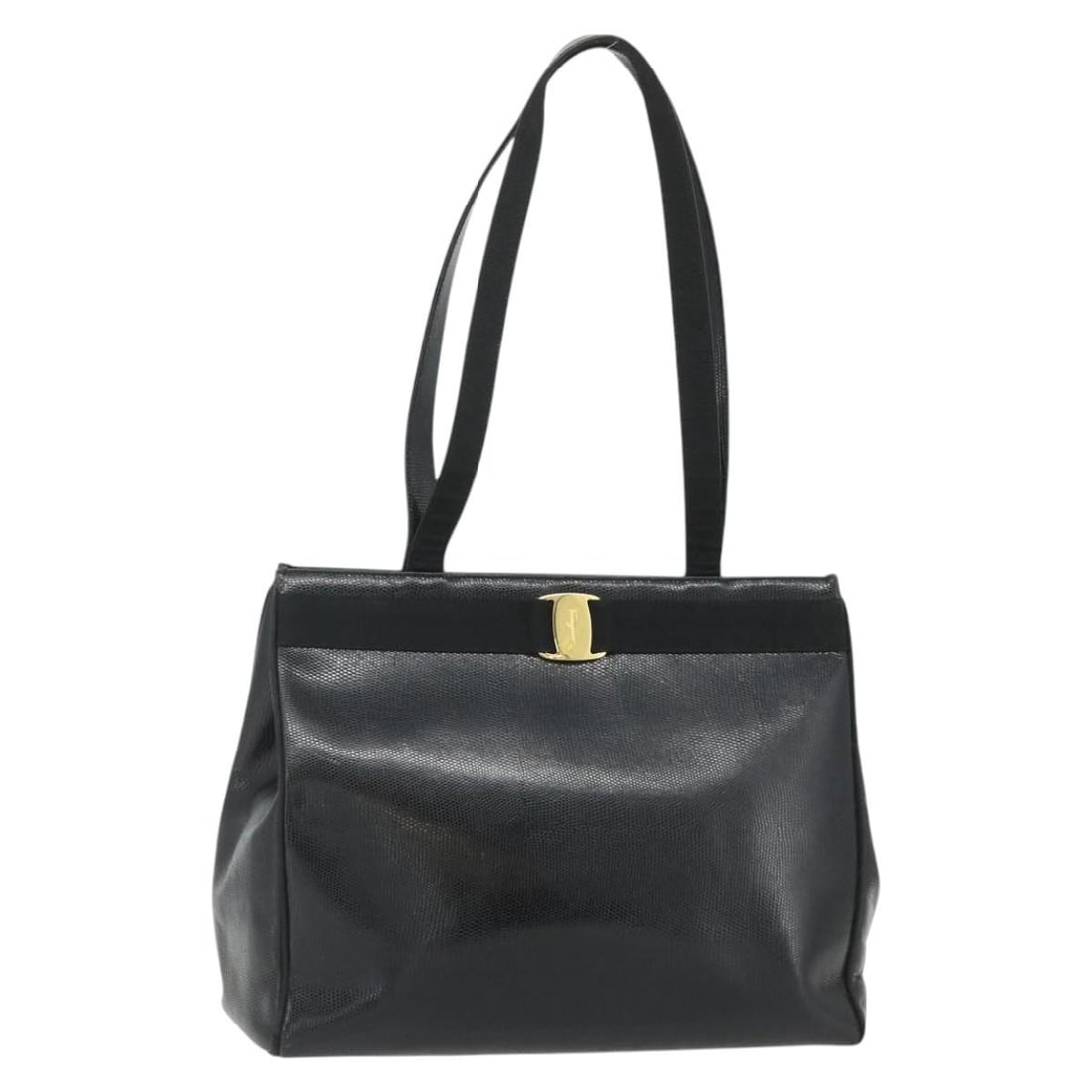Ferragamo Vala Black Gold Leather Tote Bag: Ferragamo Vala Black Gold Leather Tote Bag This Salvatore Ferragamo Vala tote bag is crafted from black leather with gold-tone accents. Designed for women, it features a spacious interior and a practi