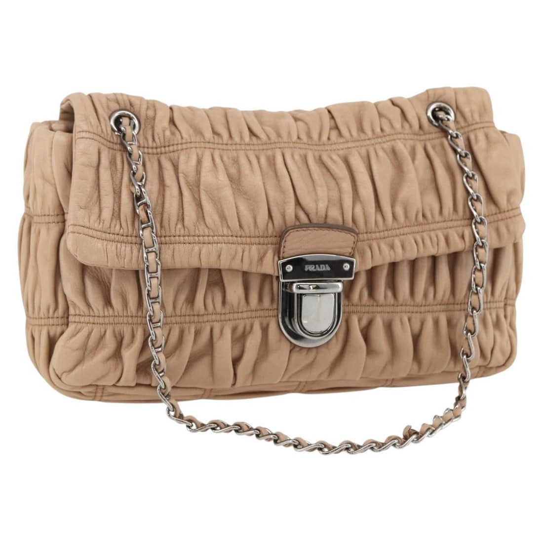 PRADA Leather Shoulder Bag with Chain Strap Beige Silver: PRADA Leather Shoulder Bag with Chain Strap Beige Silver Prada chain shoulder bag in beige leather with silver-tone accents. Made in Italy, this women's shoulder bag is offered without the original bo