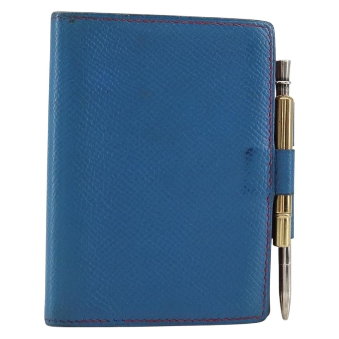 Blue Leather Hermes PM Agenda Day Planner Cover from France: Blue Leather Hermes PM Agenda Day Planner Cover from France This Hermes Agenda PM day planner cover is crafted from blue leather and made in France. The cover shows signs of heavy use, including surfa