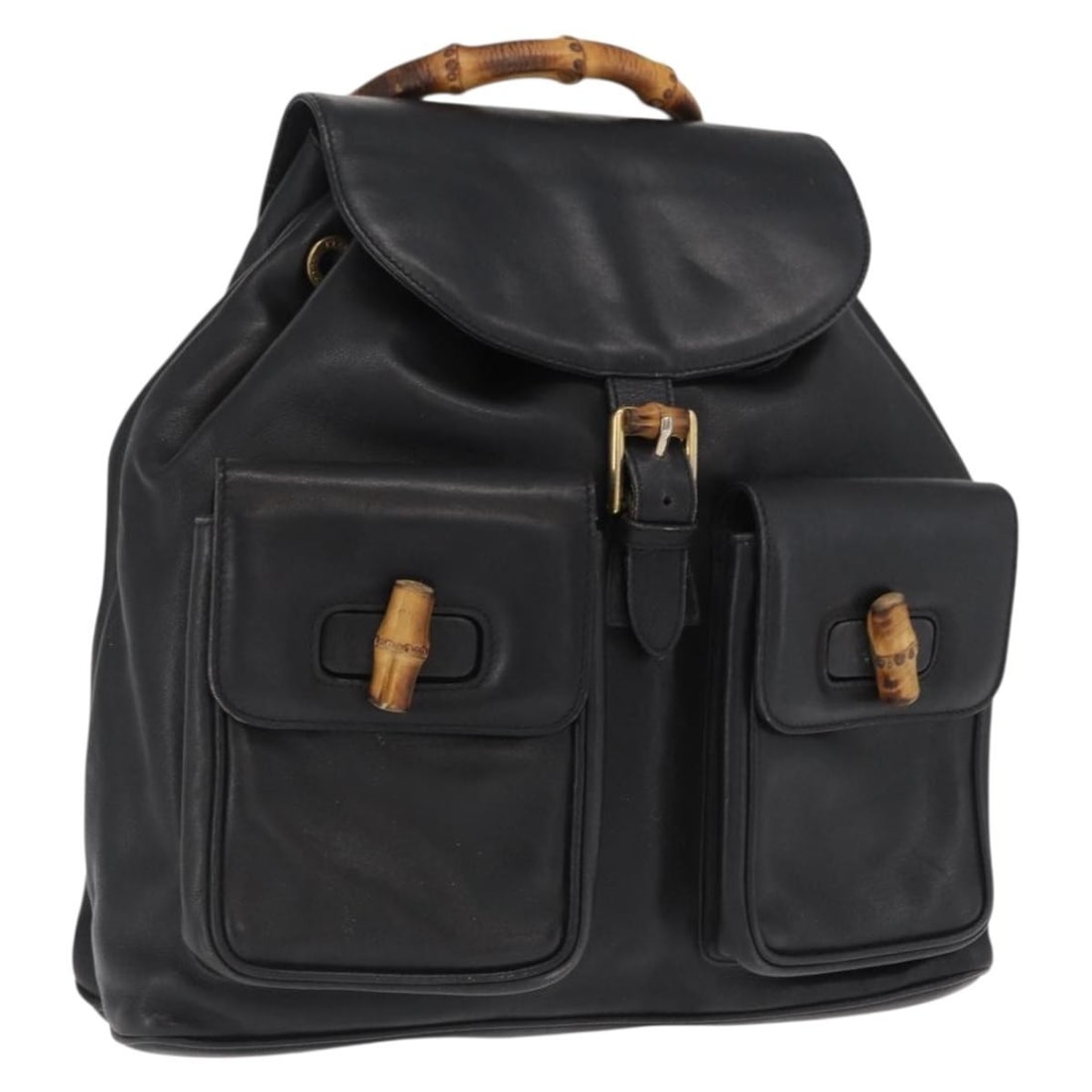 Black Leather Gucci Bamboo Backpack with Gold Tone Hardware 003 2058 0016: Black Leather Gucci Bamboo Backpack with Gold Tone Hardware 003 2058 0016 This GUCCI Bamboo Backpack features a black leather exterior with gold-tone accents. Made in Italy, the backpack is from the G