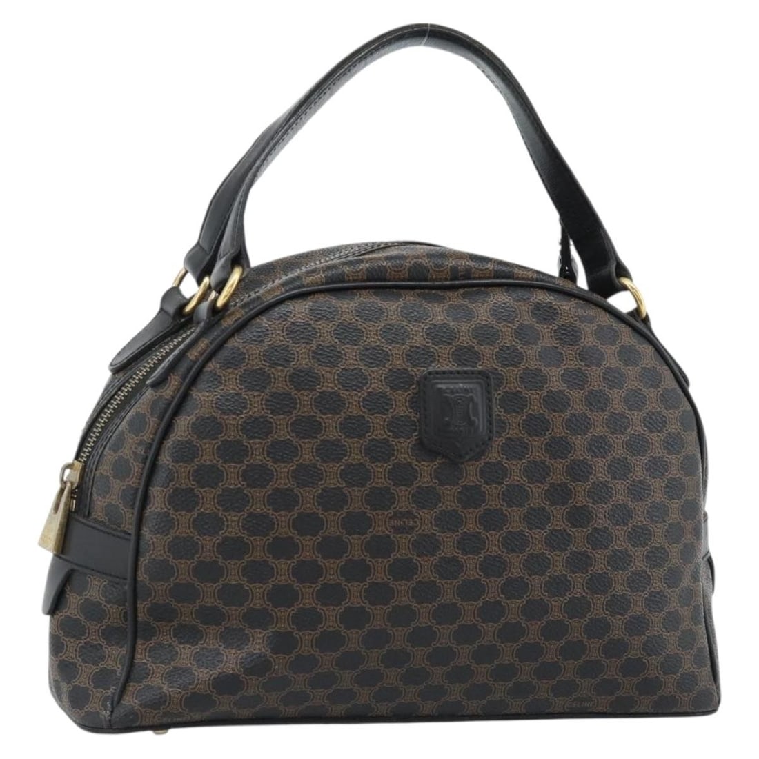 CELINE Macadam Canvas Hand Bag Black PVC Leather Italy: CELINE Macadam Canvas Hand Bag Black PVC Leather Italy CELINE Macadam Canvas hand bag in black and gold, made in Italy. The bag is constructed from PVC leather and Macadam canvas, with a structured si