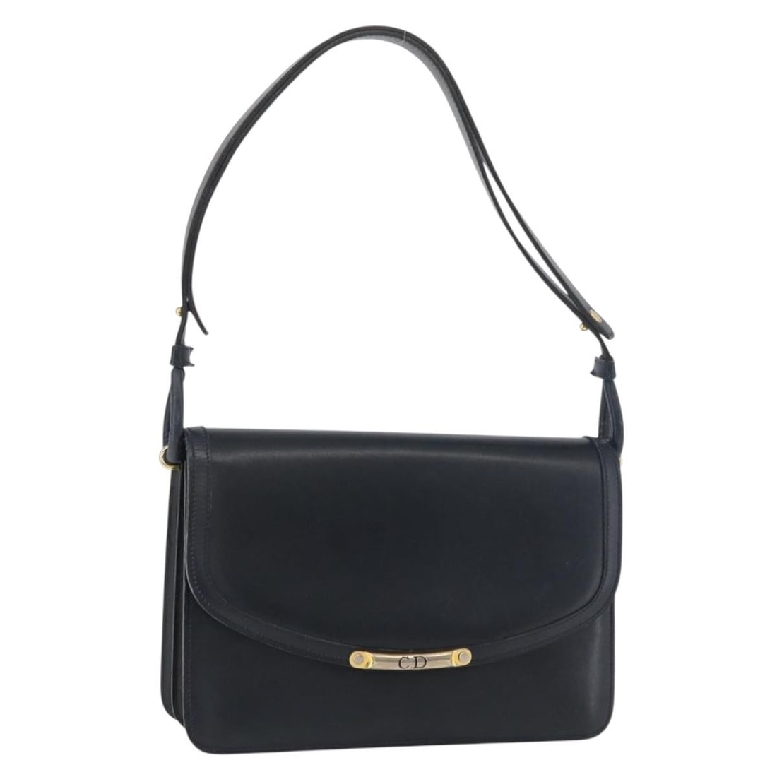 Navy Leather Shoulder Bag Christian Dior Gold Tone France: Navy Leather Shoulder Bag Christian Dior Gold Tone France A Christian Dior shoulder bag in navy and gold leather, made in France. The bag measures approximately 25 cm wide, 16 cm high, and 5 cm deep, 