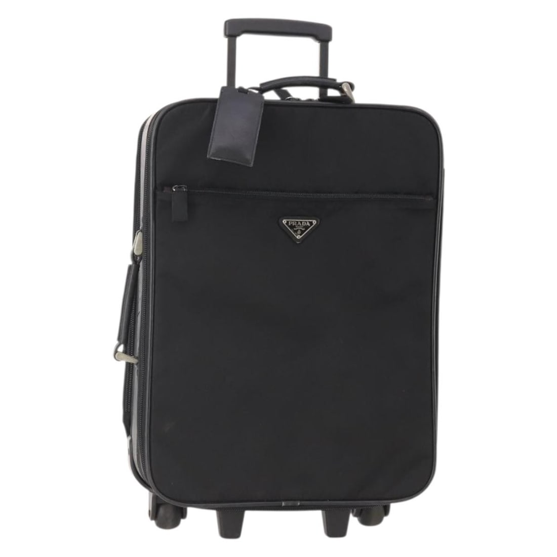 PRADA Black Nylon Suitcase with Name Tag Silver Tone: PRADA Black Nylon Suitcase with Name Tag Silver Tone Black Prada suitcase in nylon with silver-tone hardware. Made in Italy, it includes a name tag accessory and has a heavily used condition with visi