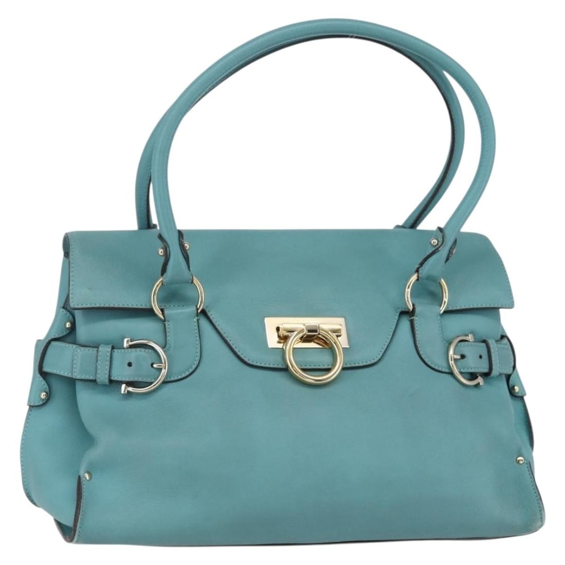 Salvatore Ferragamo Turquoise Blue Leather Gancini Tote Bag: Salvatore Ferragamo Turquoise Blue Leather Gancini Tote Bag This Salvatore Ferragamo Gancini tote bag features turquoise blue leather and is crafted in Italy. The bag is designed for women and offers 