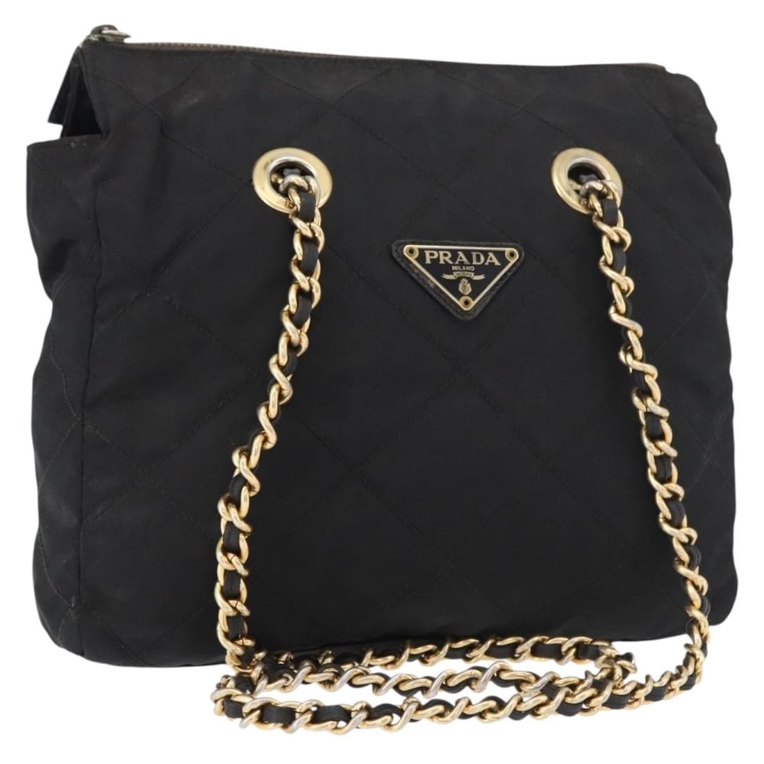 PRADA Black Nylon Shoulder Bag with Gold Tone Chain: PRADA Black Nylon Shoulder Bag with Gold Tone Chain A Prada chain shoulder bag in black and gold nylon, made in Italy. This women's shoulder bag measures approximately 25 cm wide, 23 cm high, and 6 cm