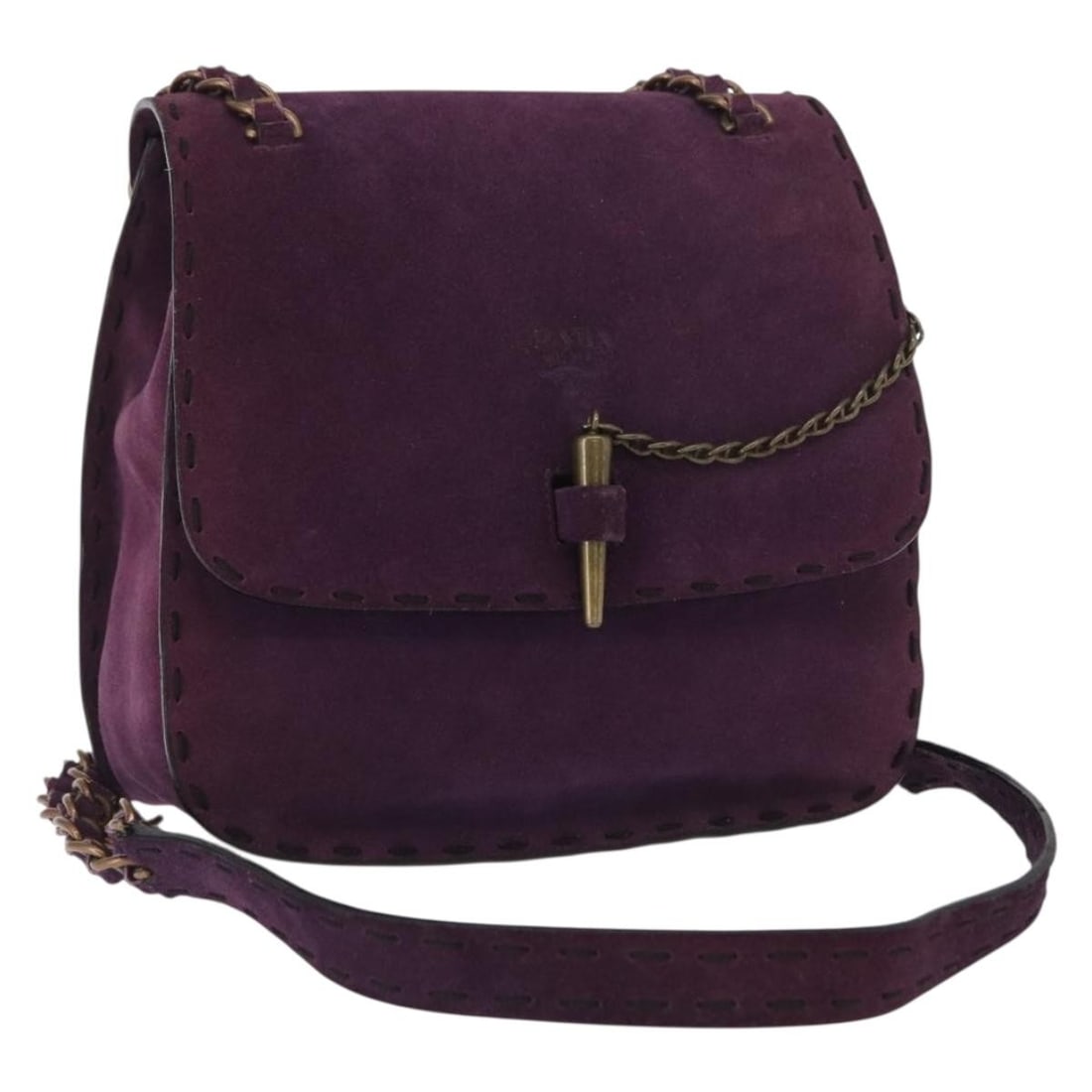 PRADA Purple Suede Shoulder Bag Gold Tone Made in Italy: PRADA Purple Suede Shoulder Bag Gold Tone Made in Italy PRADA shoulder bag in purple and gold suede, made in Italy. Designed for women, it features a shoulder strap drop of approximately 54 cm (21.3 i