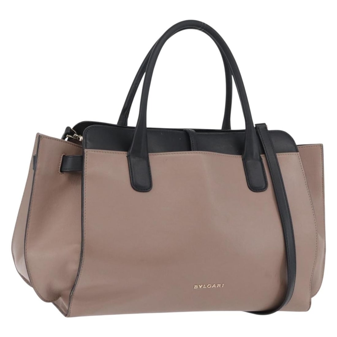 BVLGARI Gray Leather 2way Handbag with Shoulder Strap Gold Tone: BVLGARI Gray Leather 2way Handbag with Shoulder Strap Gold Tone BVLGARI leather 2way handbag in gray and gold, made in Italy. It comes with a shoulder strap and features a structured bag style with ap