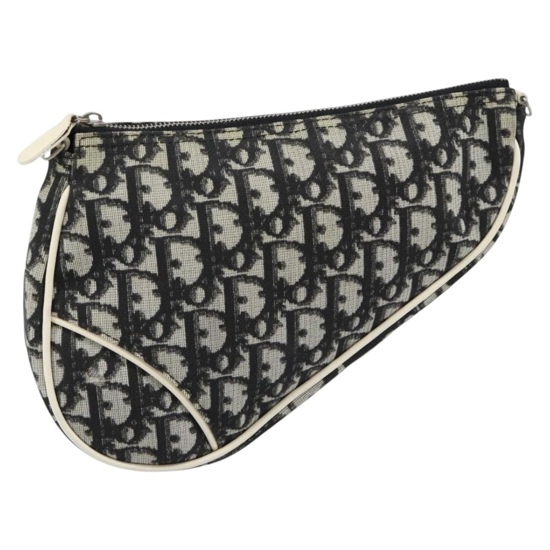 Christian Dior Saddle Pouch in Black Trotter Canvas and PVC: Christian Dior Saddle Pouch in Black Trotter Canvas and PVC Authentic Christian Dior Trotter canvas saddle pouch in black and silver, made in Spain. This women's pouch is crafted from PVC leather and 