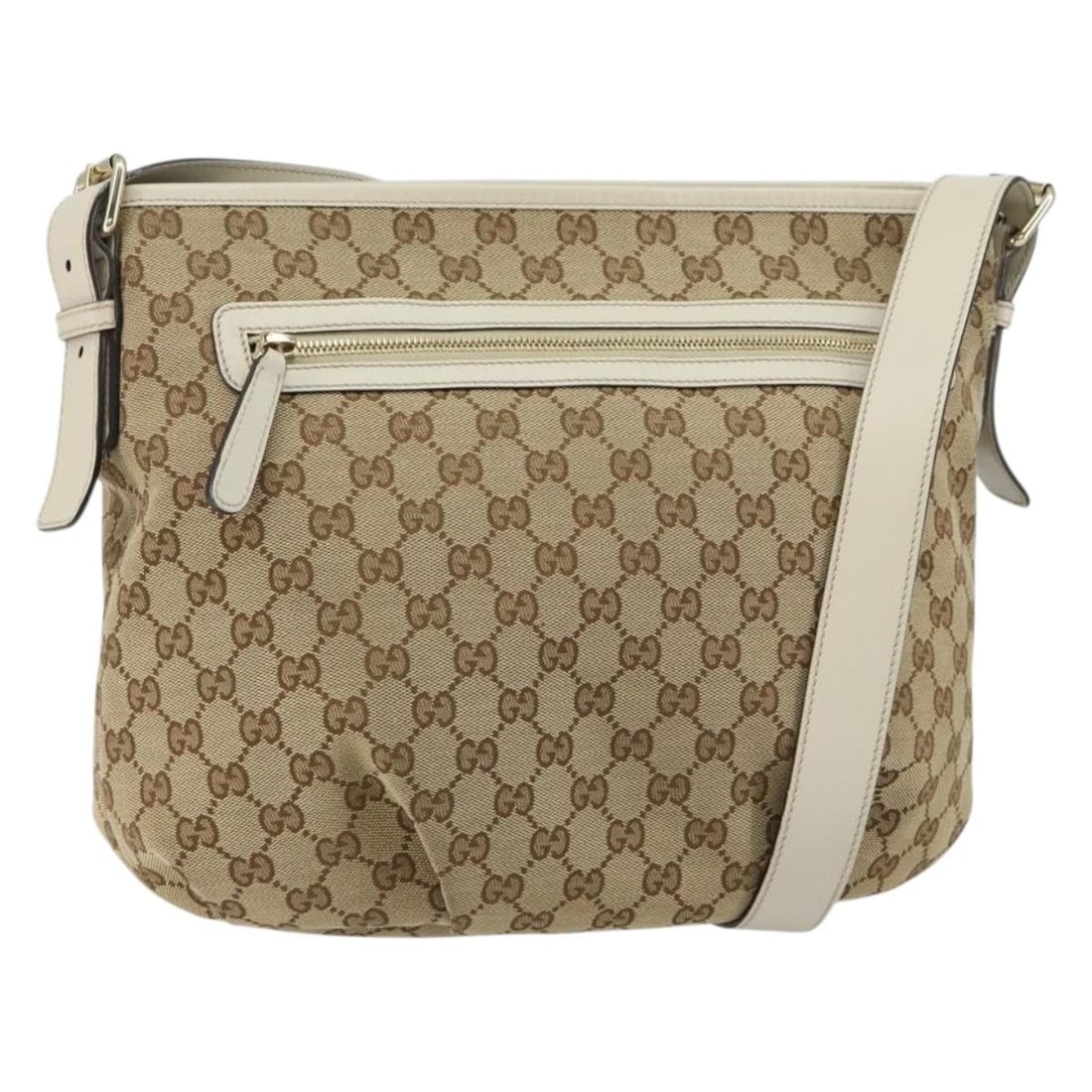 GUCCI 148374 GG Canvas Shoulder Bag Beige Gold: GUCCI 148374 GG Canvas Shoulder Bag Beige Gold A Gucci shoulder bag in beige and gold GG canvas, made in Italy. It features a shoulder bag style and is offered in heavily used condition with visible w