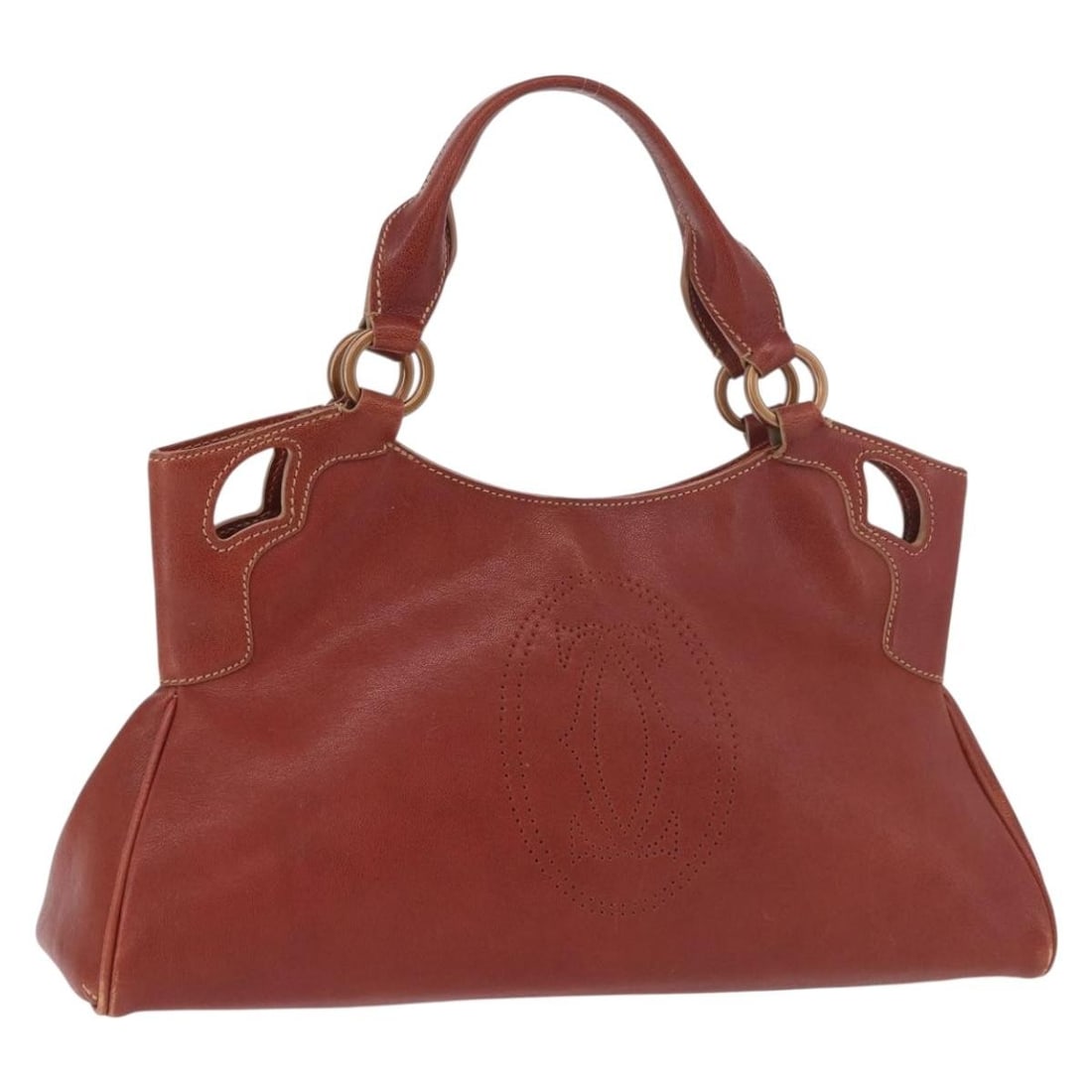 Cartier Brown Leather Handbag Gold Tone France: Cartier Brown Leather Handbag Gold Tone France Brown and gold leather hand bag made in France. The item is heavily used and shows visible wear, including loss of shape, rubbing, stains, slight scratch