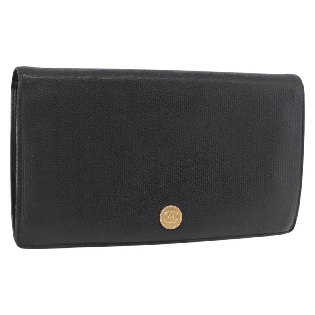 CHANEL CC Long Wallet Black Leather Gold Tone Spain: CHANEL CC Long Wallet Black Leather Gold Tone Spain Black and gold long wallet in leather, made in Spain. The wallet is heavily used and shows visible wear, including out-of-shape surface, rubbing, sl