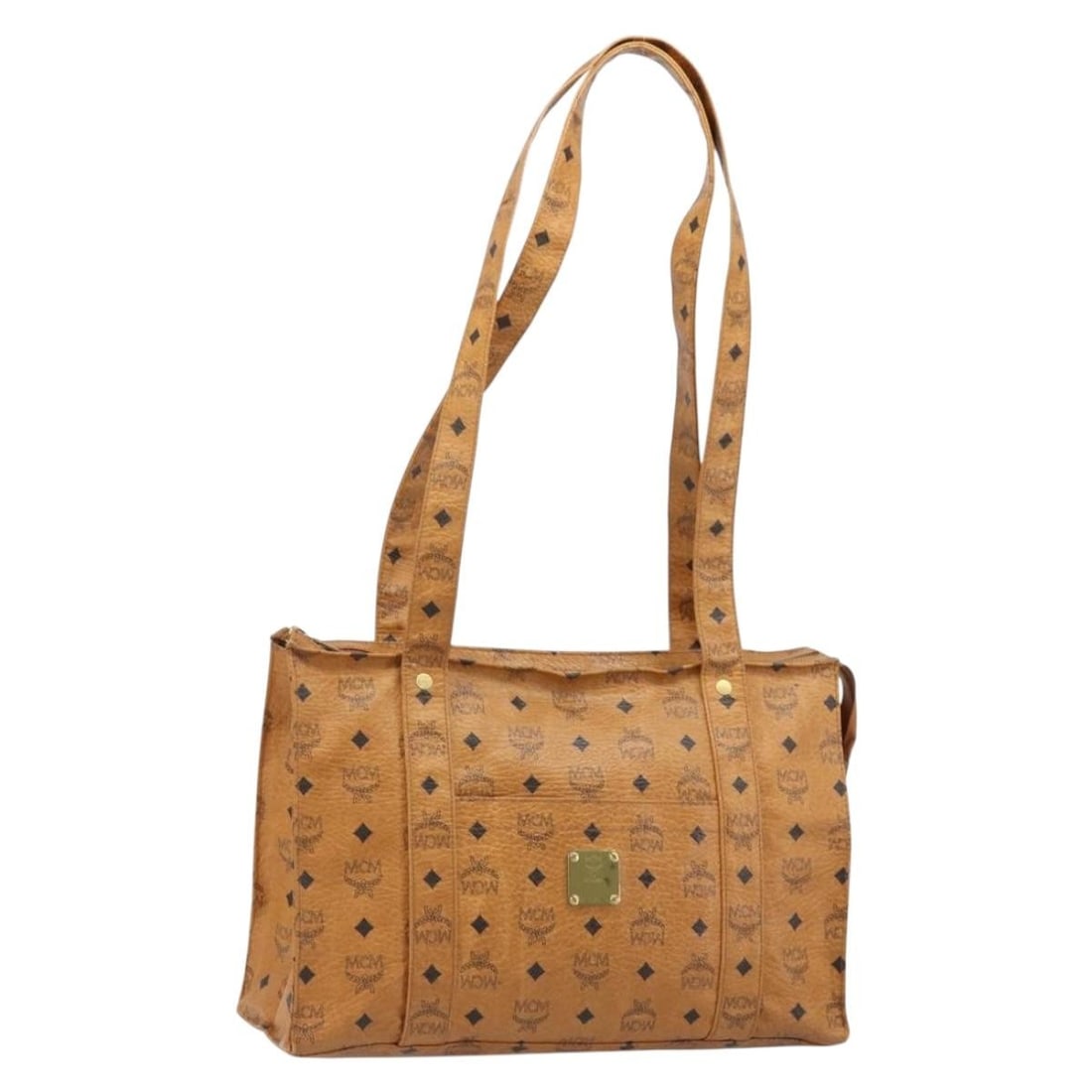 MCM Vicetos Brown Gold PVC Leather Tote Bag Germany: MCM Vicetos Brown Gold PVC Leather Tote Bag Germany This MCM Logogram Vicetos tote bag features a brown and gold exterior crafted from PVC leather. Designed for women, the bag includes dual handles wi