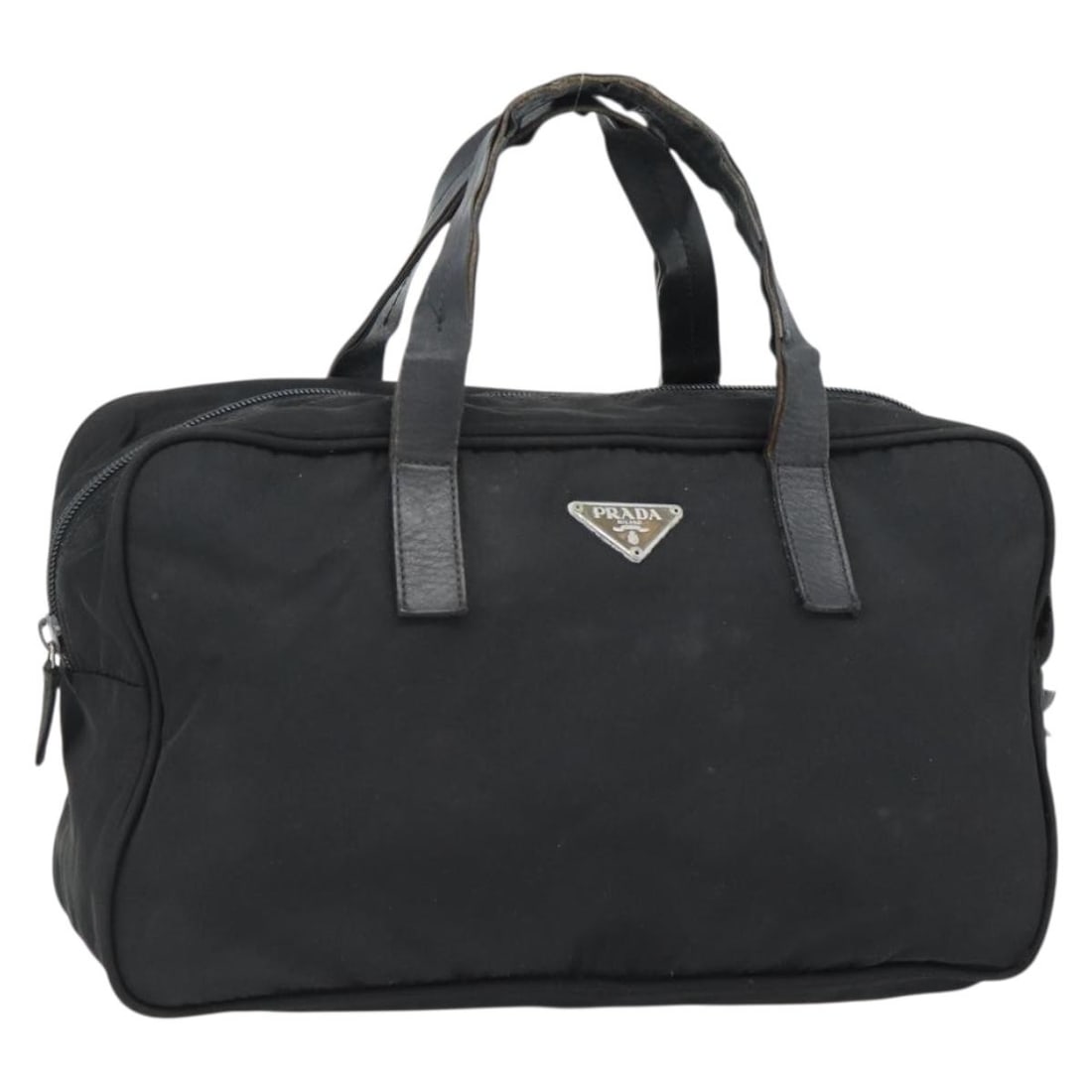 PRADA black nylon handbag silver tone made in Italy: PRADA black nylon handbag silver tone made in Italy Prada women's nylon handbag in black with silver-tone accents, made in Italy. This pre-owned bag shows heavy use, including loss of shape, rubbing, 
