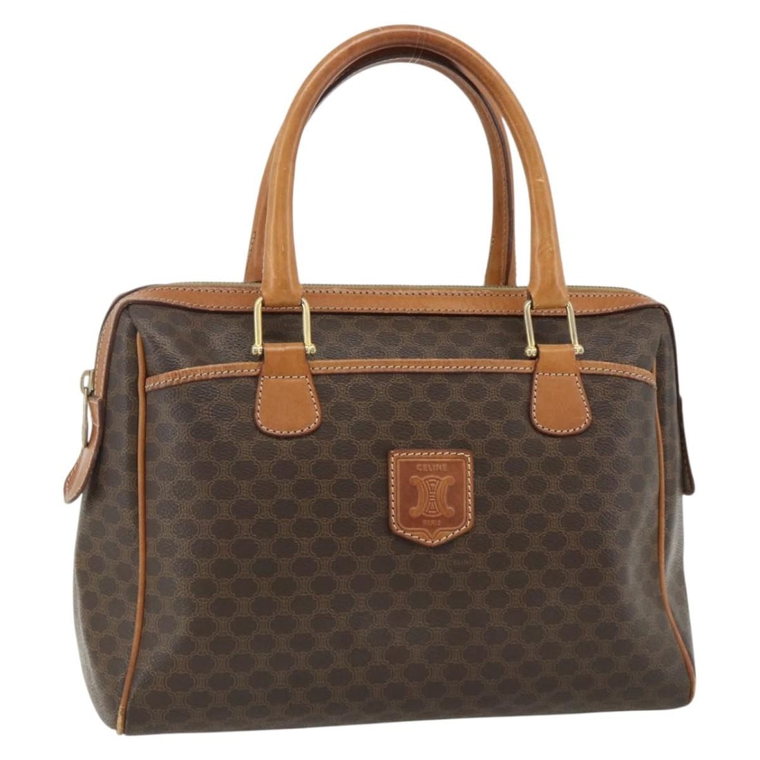 CELINE Macadam Brown Hand Bag in PVC Leather and Canvas: CELINE Macadam Brown Hand Bag in PVC Leather and Canvas A CELINE hand bag in brown and gold, made from PVC leather and Macadam canvas. It features a handle drop of approximately 12 cm and was made in 