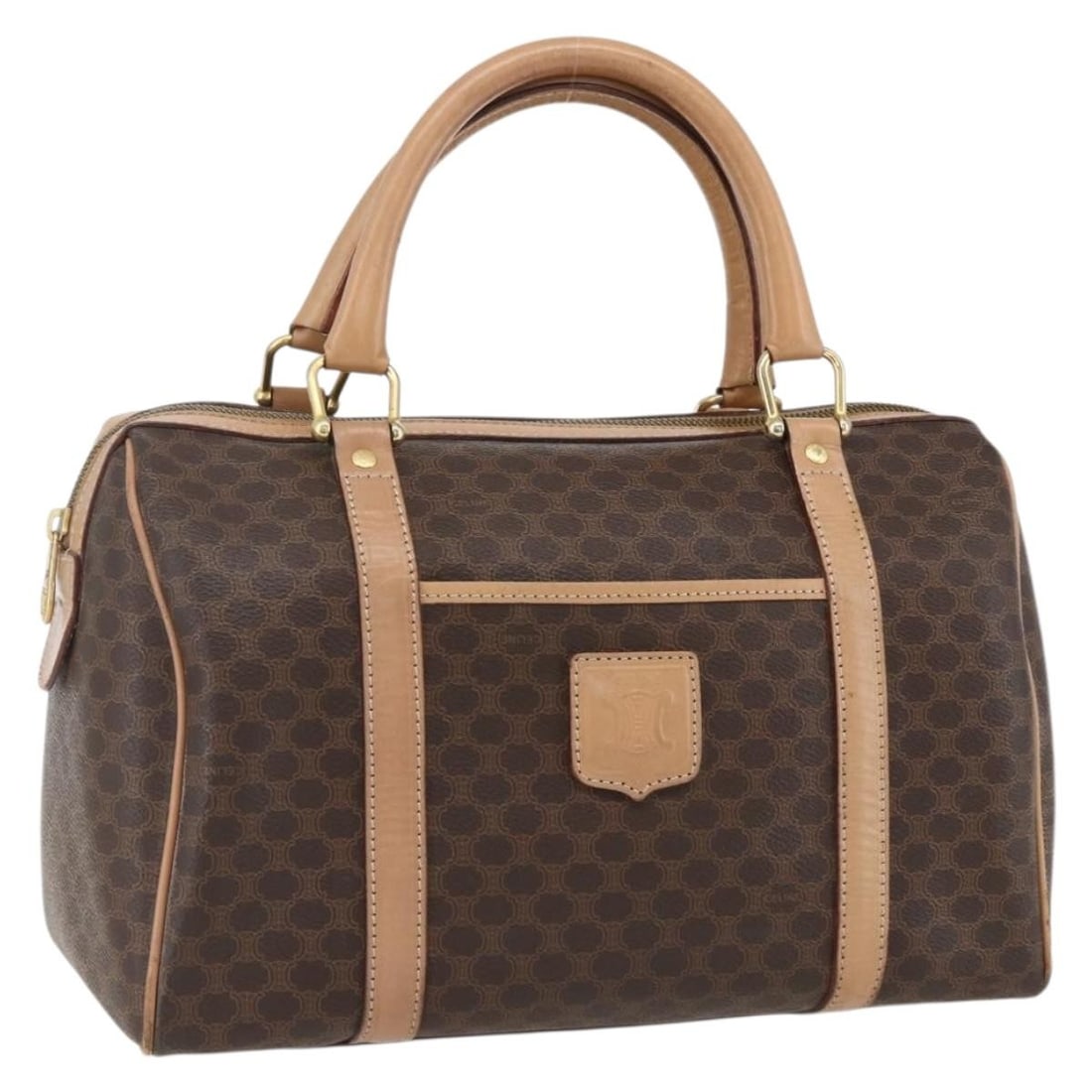 CELINE Macadam Boston Bag Brown PVC Leather Italy: CELINE Macadam Boston Bag Brown PVC Leather Italy CELINE Boston bag in brown and gold PVC leather with Macadam canvas details. Made in Italy, this women's bag features a structured Boston bag style an