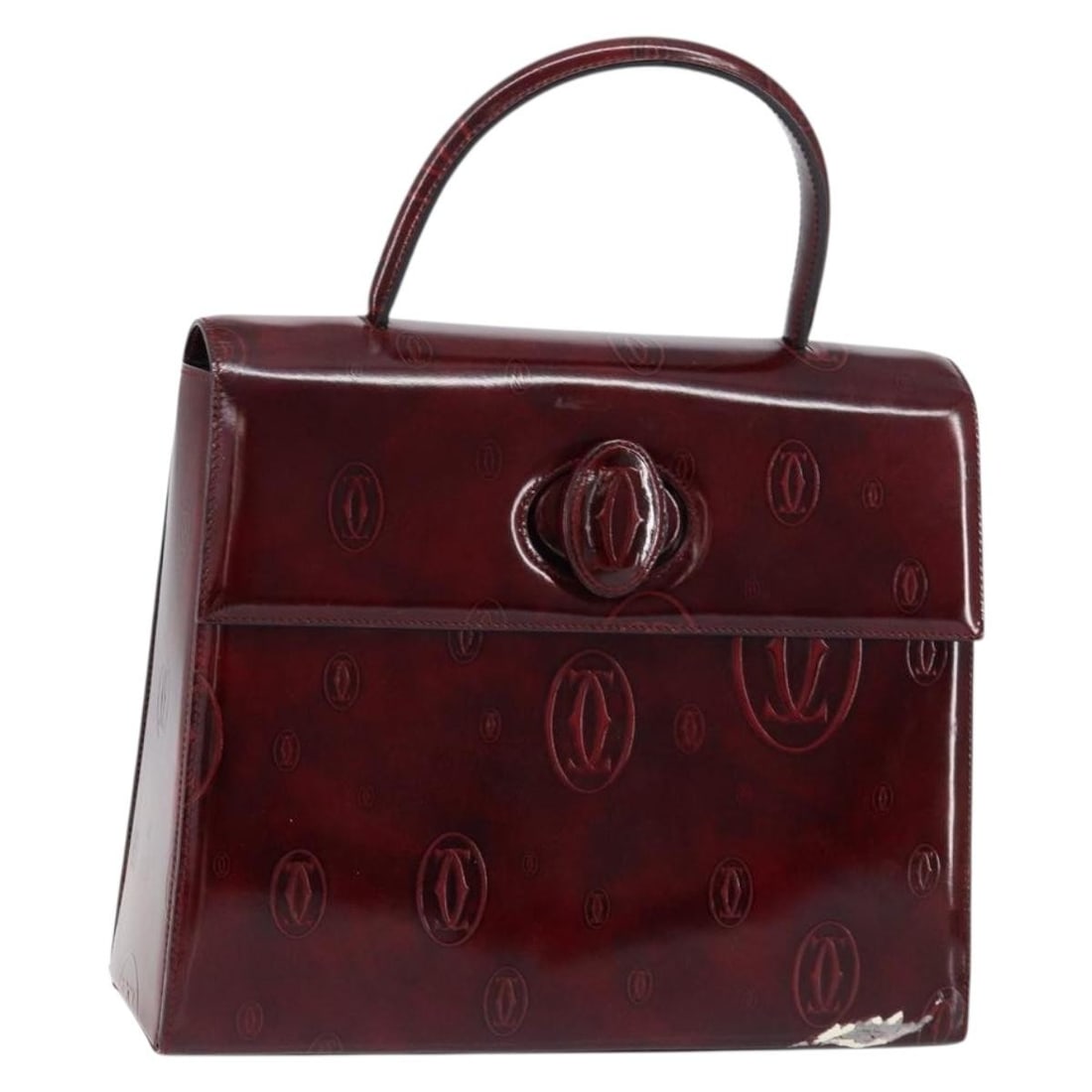 CARTIER Bordeaux Gold Leather Hand Bag with Guarantee Card: CARTIER Bordeaux Gold Leather Hand Bag with Guarantee Card This exquisite CARTIER Happy Birthday Hand Bag combines elegance and functionality, featuring a luxurious bordeaux leather exterior adorned w