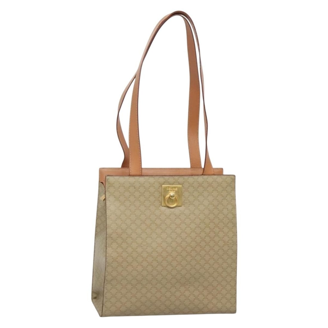 CELINE Macadam Tote Bag Beige Gold PVC Leather Italy: CELINE Macadam Tote Bag Beige Gold PVC Leather Italy This CELINE Macadam Canvas Tote Bag is a women's tote made in Italy from PVC leather and Macadam canvas in beige and gold. It measures approximatel