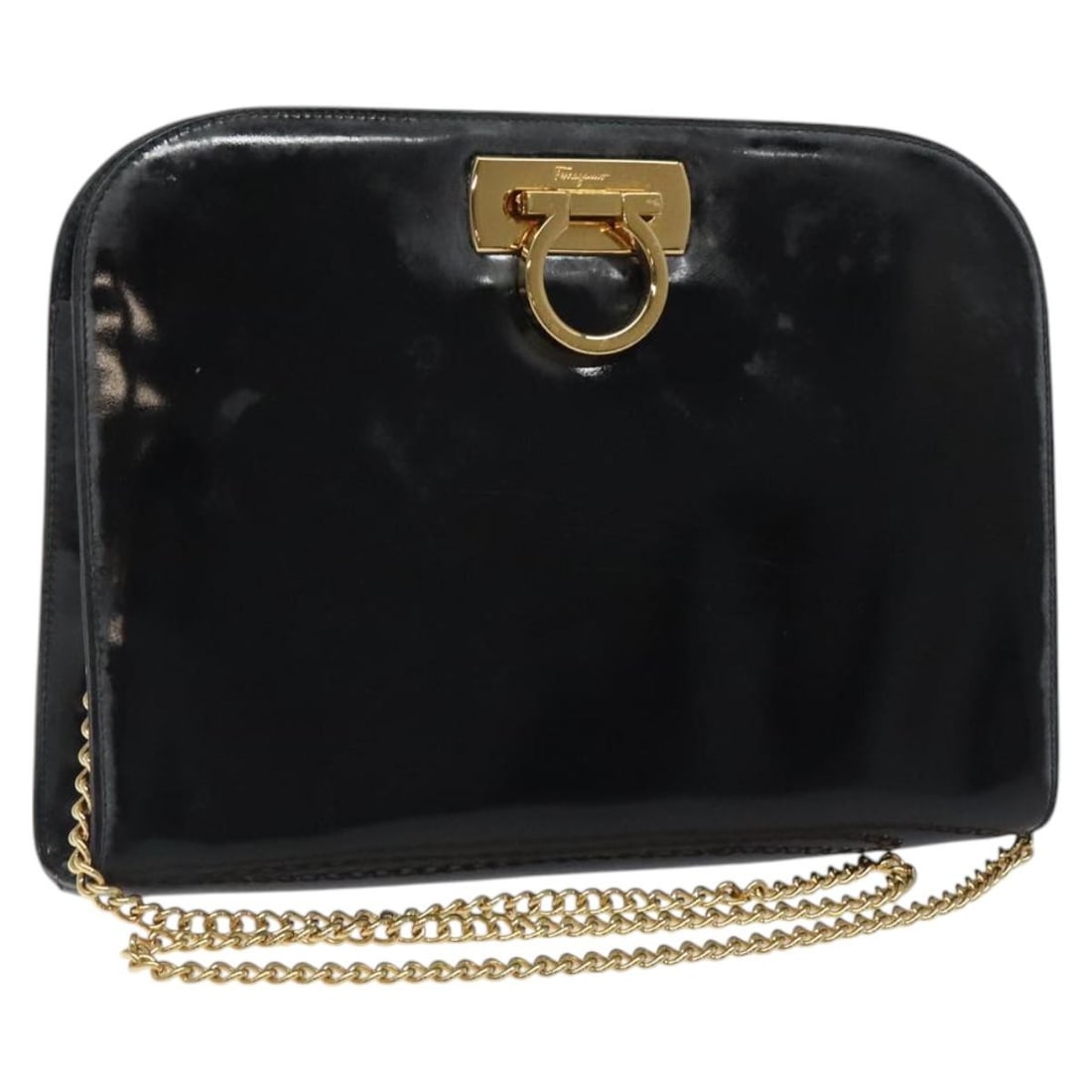 Salvatore Ferragamo Black Patent Leather Gancini Chain Shoulder Bag for Women: Salvatore Ferragamo Black Patent Leather Gancini Chain Shoulder Bag for Women This Salvatore Ferragamo Gancini chain shoulder bag is crafted from black patent leather with gold-tone accents. Designed 