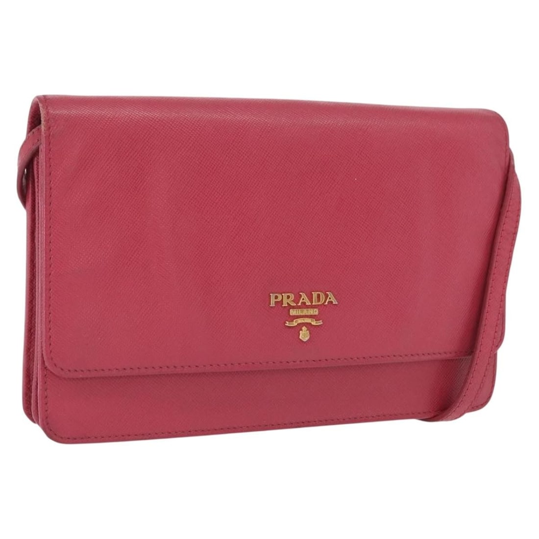 Pink Saffiano Leather Prada Shoulder Bag with Gold Tone Hardware: Pink Saffiano Leather Prada Shoulder Bag with Gold Tone Hardware This Prada shoulder bag is crafted from pink Saffiano leather with gold-tone hardware. It features a compact rectangular shape with a s