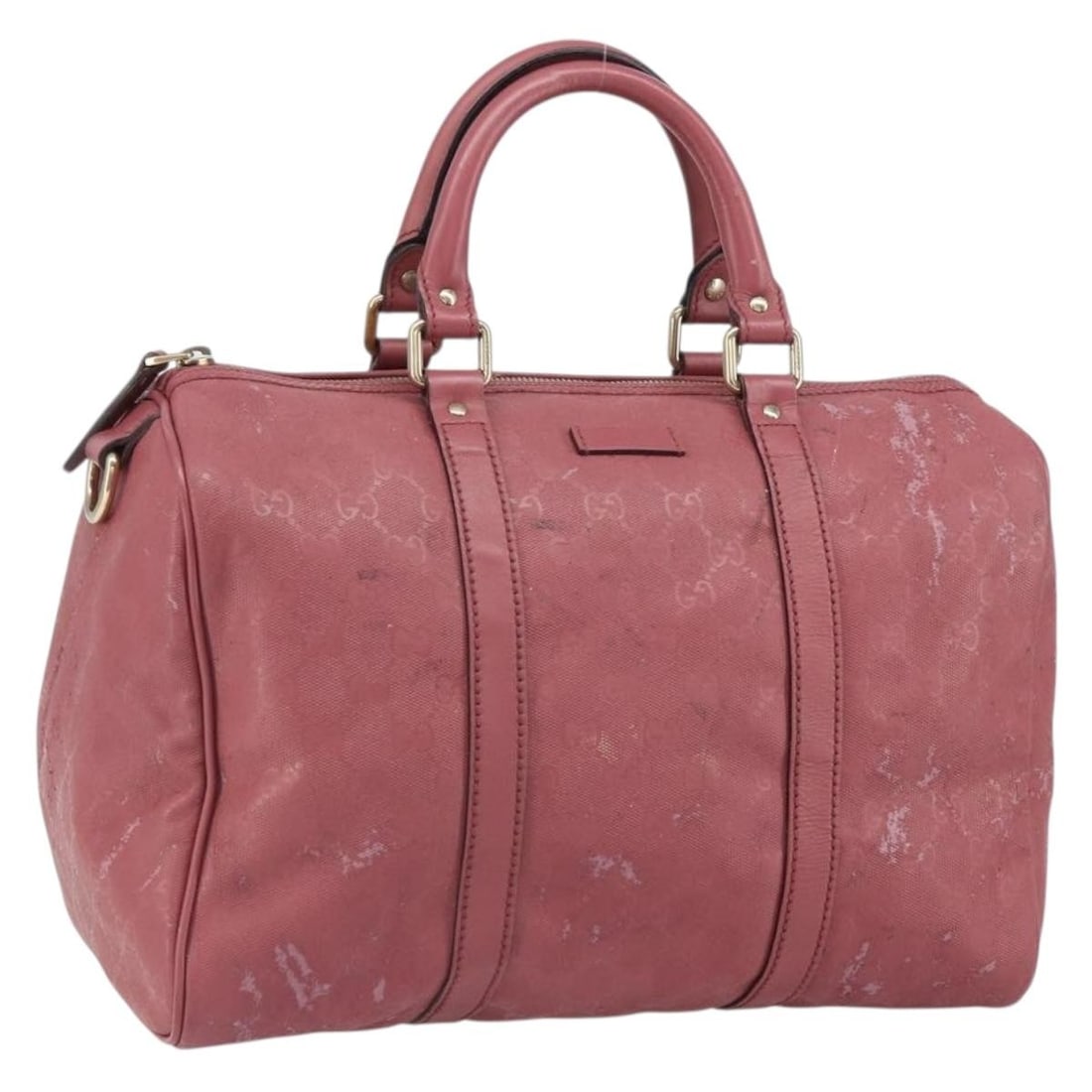 Gold and Pink PVC Boston Bag by Gucci Model 193603: Gold and Pink PVC Boston Bag by Gucci Model 193603 This GUCCI GG Implementation Boston Bag is crafted from PVC leather and GG canvas in gold and pink tones. The bag features dual top handles with a dr