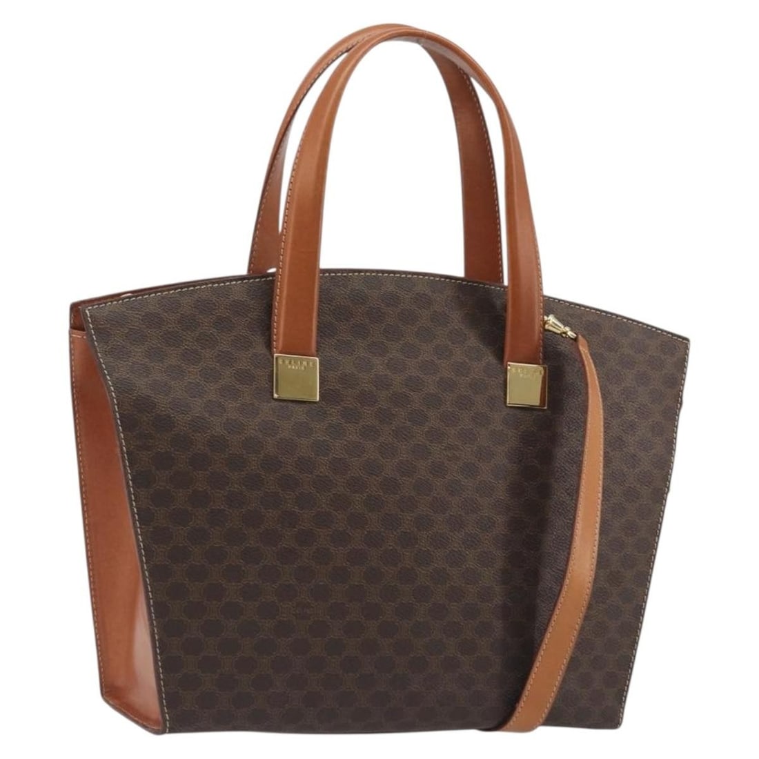 CELINE Macadam 2way Handbag Brown PVC Leather Shoulder Strap: CELINE Macadam 2way Handbag Brown PVC Leather Shoulder Strap Celine Macadam hand bag in brown with gold tone accents, made from PVC leather and Macadam canvas. It comes with a shoulder strap and was m