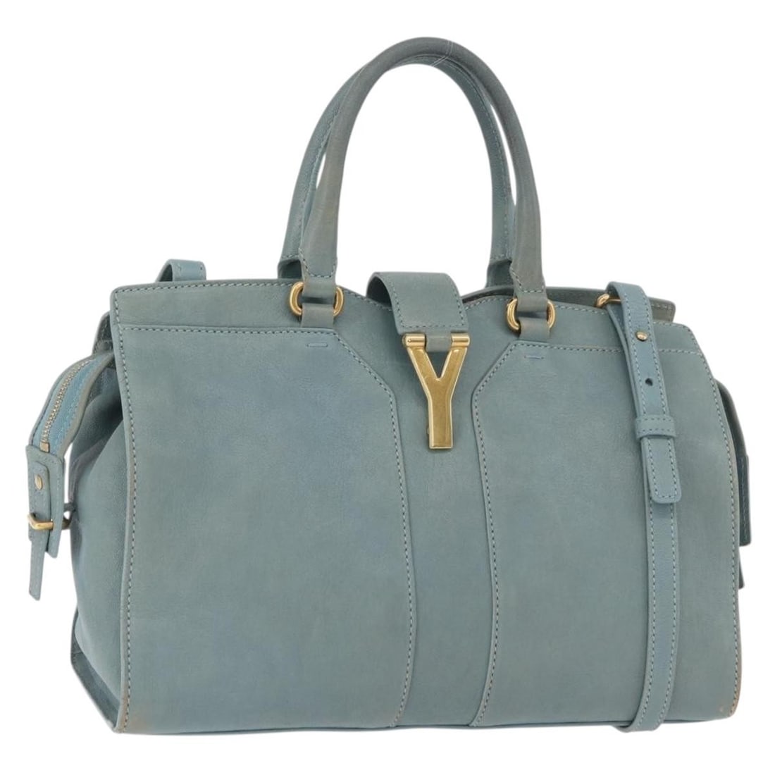 Saint Laurent Cavas Chic leather handbag light blue gold shoulder strap: Saint Laurent Cavas Chic leather handbag light blue gold shoulder strap This SAINT LAURENT Cavas Chic handbag is crafted from light blue leather with gold-tone accents and offers versatile carrying op