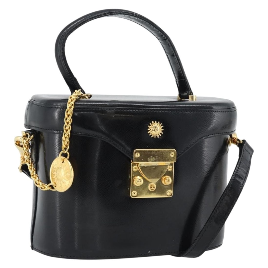 Black Leather 2way Handbag Gianni Versace with Shoulder Strap: Black Leather 2way Handbag Gianni Versace with Shoulder Strap Black and gold Gianni Versace leather hand bag in a 2-way style, made in Italy. It includes a shoulder strap and has the listed dimensions