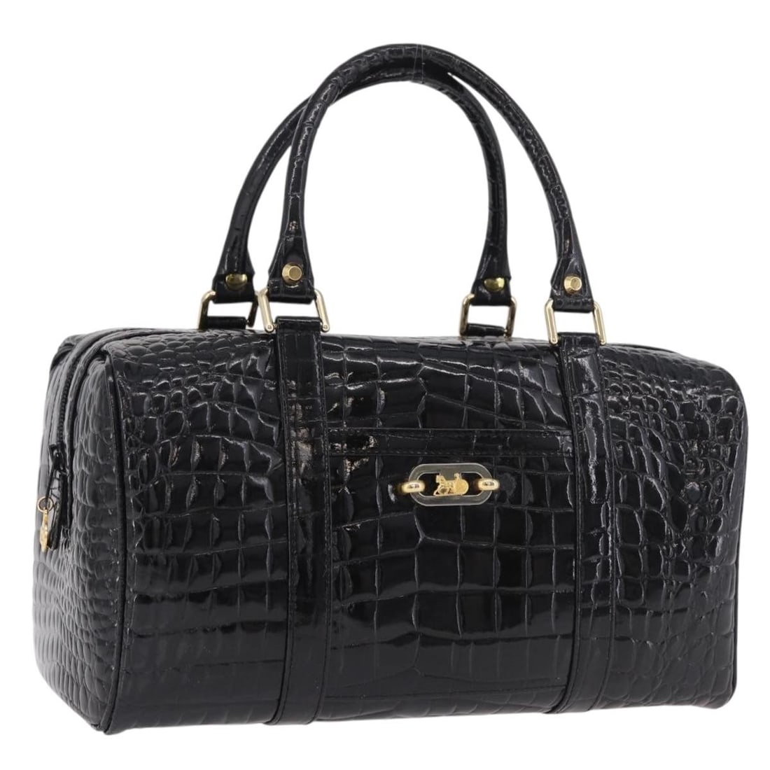 CELINE black patent leather handbag gold tone made in Italy: CELINE black patent leather handbag gold tone made in Italy A CELINE hand bag in black and gold patent leather, made in Italy. The bag measures approximately 32 cm wide, 16 cm high, and 15 cm deep, wi