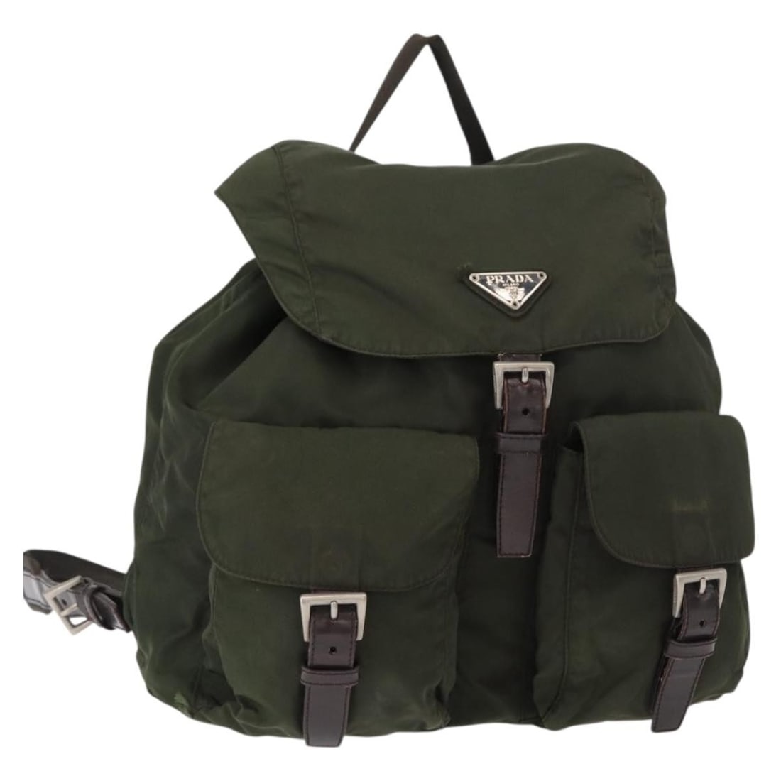 Prada Khaki Nylon Backpack with Silver Tone Hardware Made in Italy: Prada Khaki Nylon Backpack with Silver Tone Hardware Made in Italy Prada backpack in khaki and silver nylon, made in Italy. The bag measures approximately W29 x H19 x D14 cm (W11.4 x H7.5 x D5.5 in). 