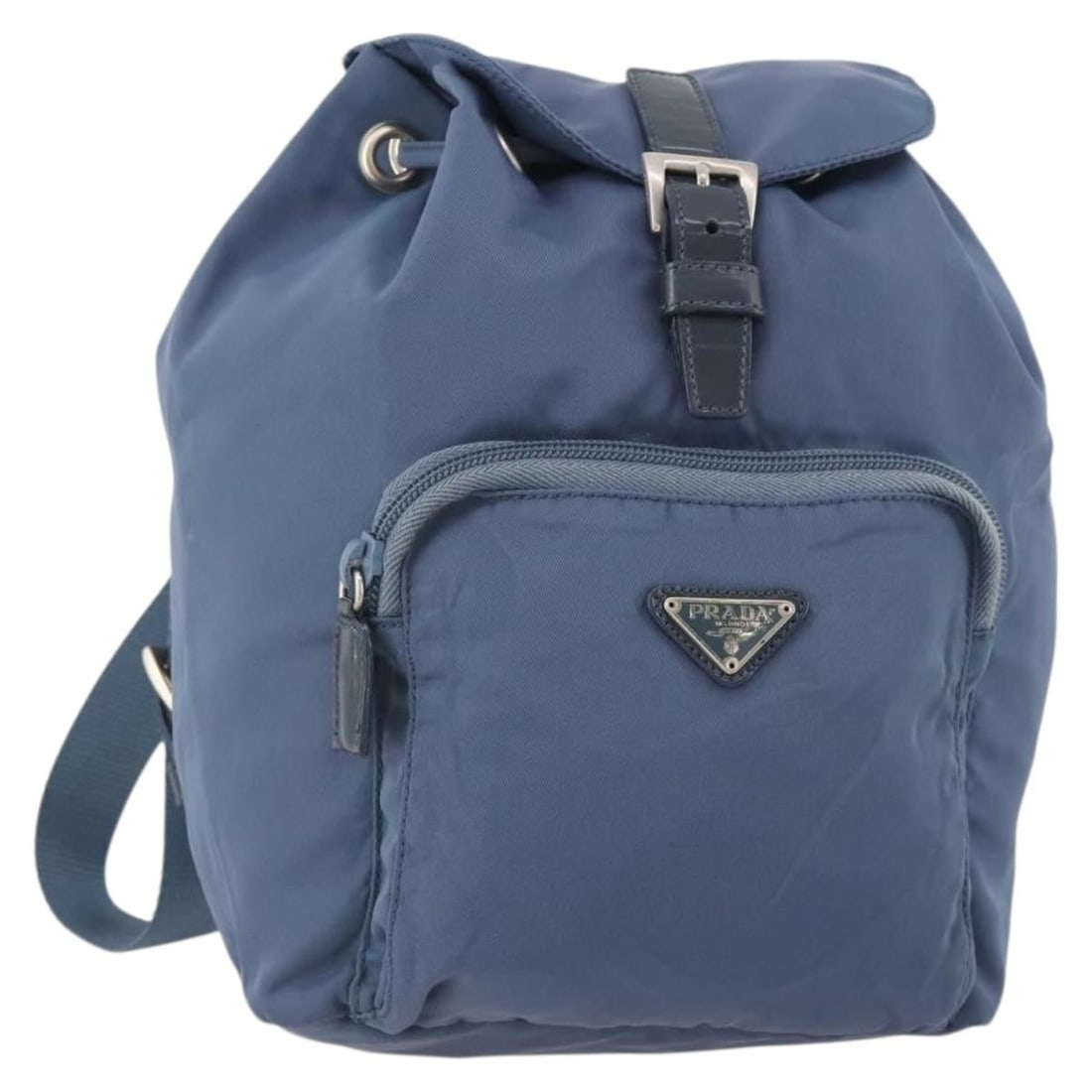 PRADA Nylon Backpack in Light Blue with Silver Tone: PRADA Nylon Backpack in Light Blue with Silver Tone Prada backpack in nylon with a light blue and silver exterior. Made in Italy, this women's backpack measures approximately W 18 cm x H 23 cm x D 13 