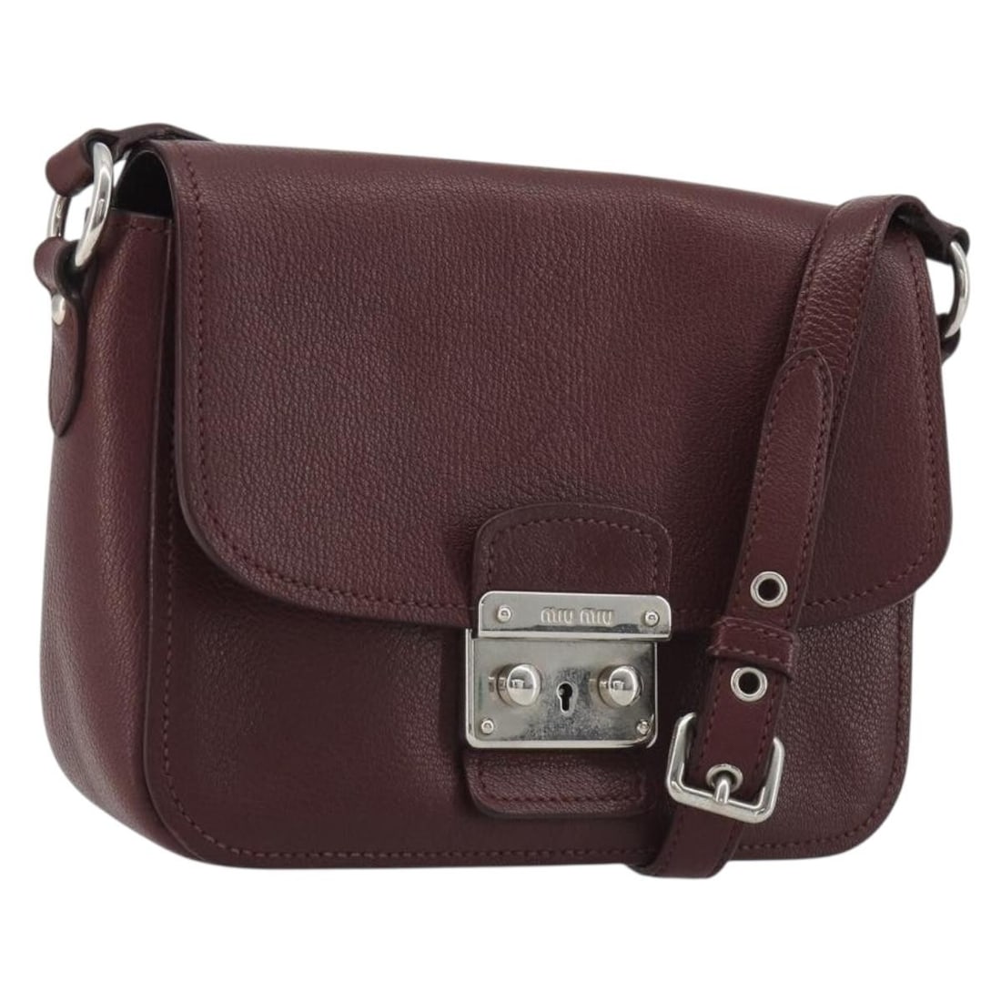 Miu Miu Leather Shoulder Bag in Bordeaux with Silver Tone Hardware: Miu Miu Leather Shoulder Bag in Bordeaux with Silver Tone Hardware Miu Miu shoulder bag in leather with a bordeaux and silver colorway. Made in Italy, this women's bag measures approximately 22 cm wid