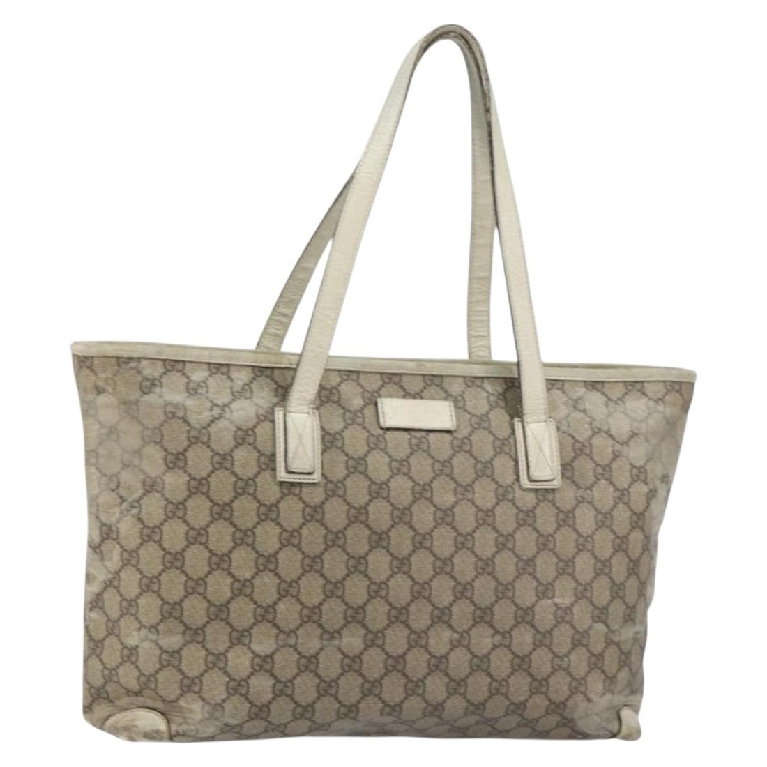 GUCCI GG Supreme Beige PVC Tote Bag 211137 Authentic: GUCCI GG Supreme Beige PVC Tote Bag 211137 Authentic This authentic GUCCI GG Supreme Tote Bag is a stylish accessory crafted from durable PVC leather in a sophisticated beige color. Originating from I