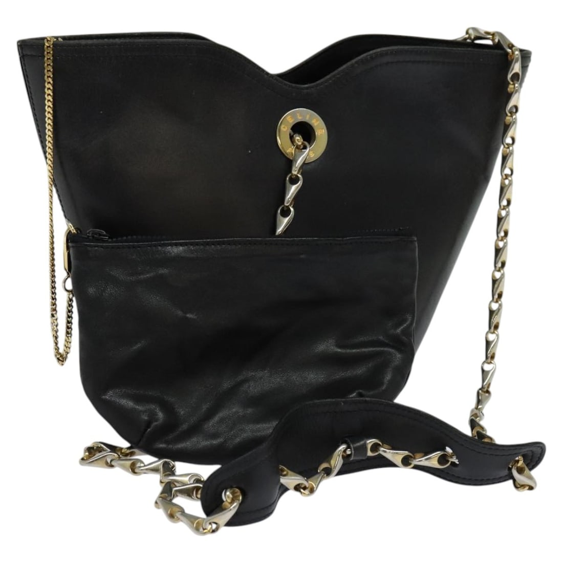 Celine Black Leather Chain Shoulder Bag with Gold Accents and Pouch: Celine Black Leather Chain Shoulder Bag with Gold Accents and Pouch This CELINE chain shoulder bag features a black leather exterior with gold-tone accents. Designed for women, it offers a spacious in