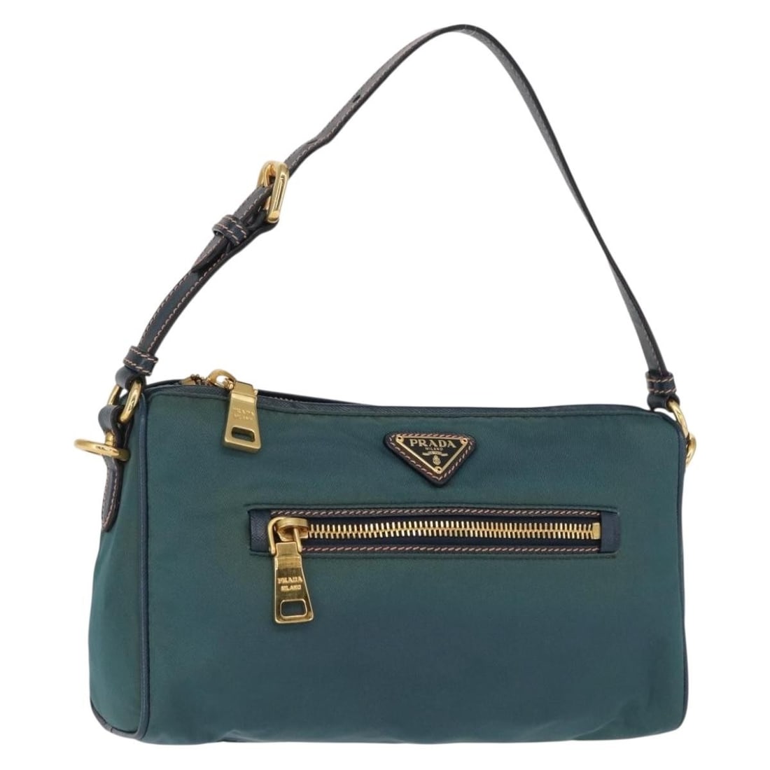 PRADA Nylon Accessory Pouch Green and Gold Made in Italy: PRADA Nylon Accessory Pouch Green and Gold Made in Italy Prada accessory pouch in green nylon with gold-tone accents, made in Italy. This women's pouch shows heavy use, with rubbing, stains, slight lo