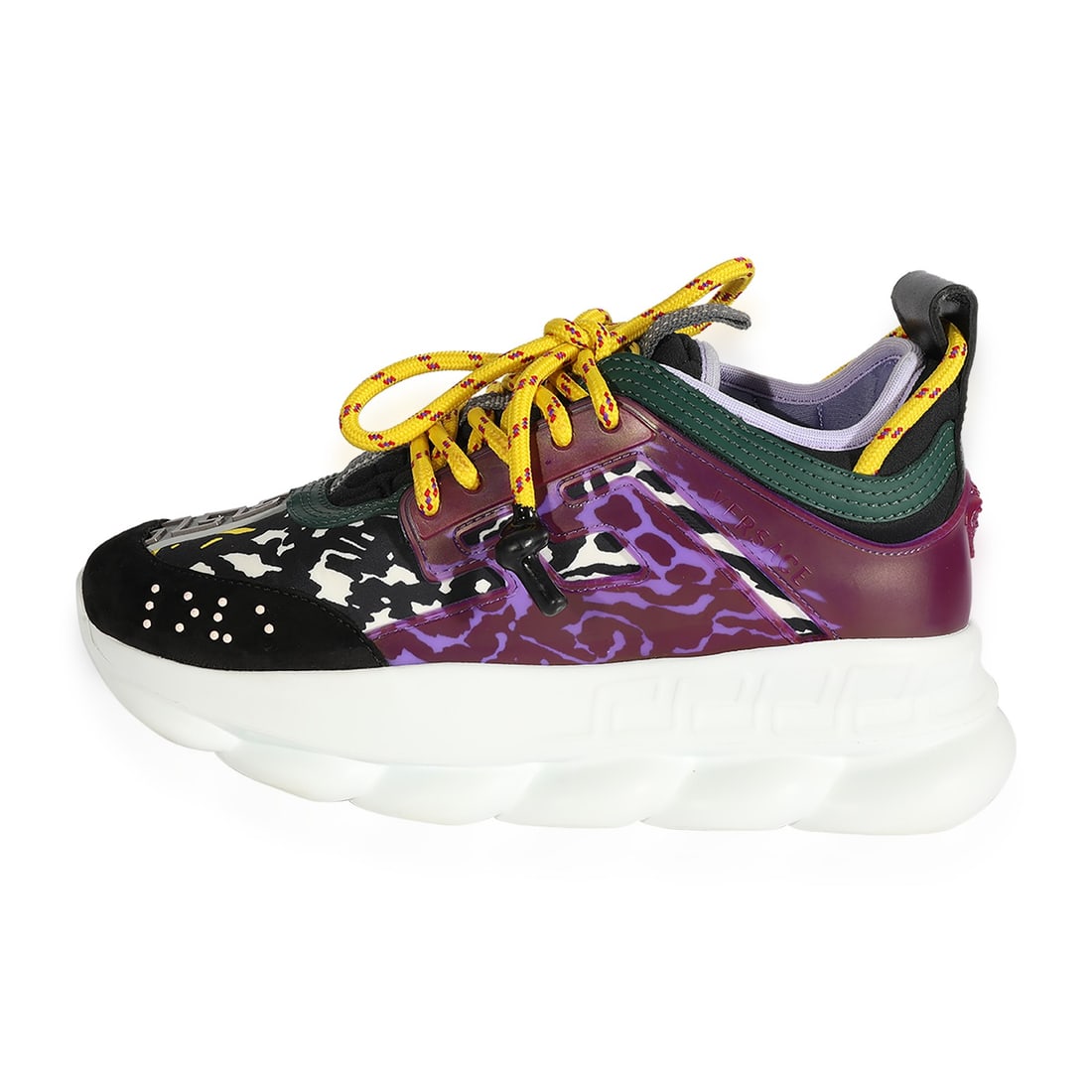Versace Women's Chain Reaction Mega Mix Lifestyle Sneakers: Versace Women's Chain Reaction Mega Mix Lifestyle Sneakers Introducing the Versace Women's Chain Reaction 'Mega Mix' sneakers, a stylish and versatile addition to your footwear collection. Crafted in 