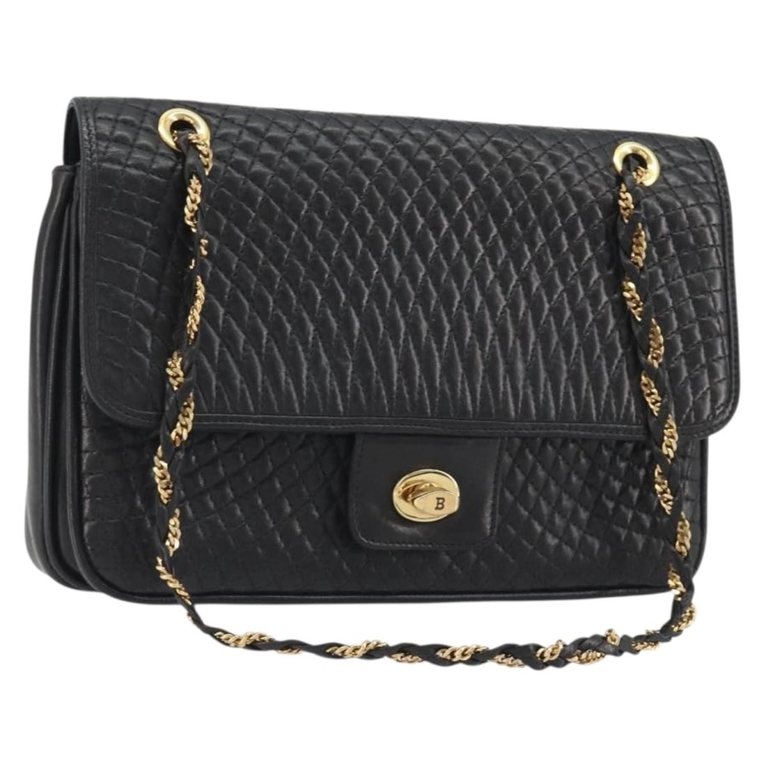 BALLY black leather shoulder bag with chain strap gold tone: BALLY black leather shoulder bag with chain strap gold tone BALLY shoulder bag in black and gold leather, made in Switzerland. This women's bag features a shoulder strap with an approximate drop of 11