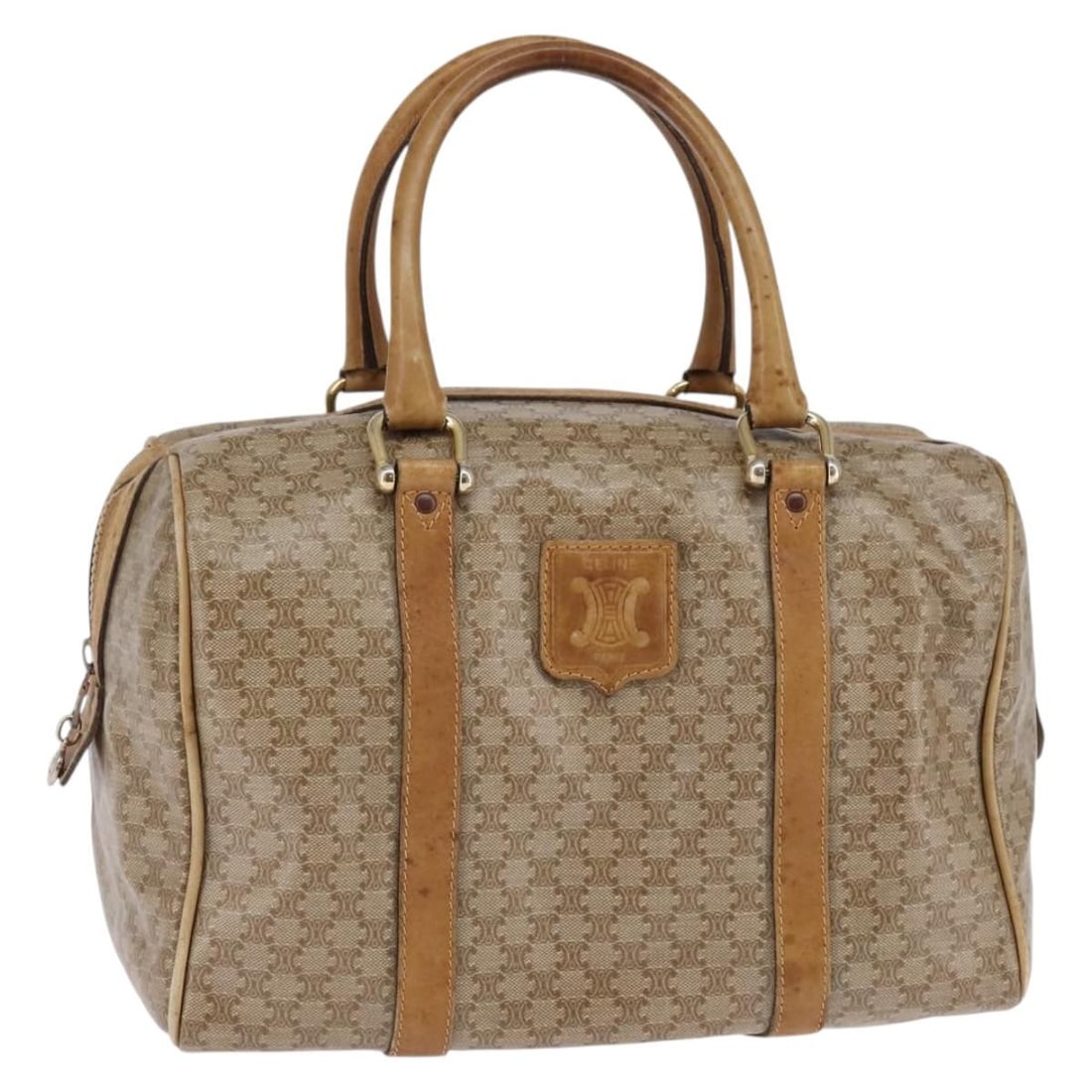 CELINE Macadam Canvas Beige Gold Boston Bag PVC Italy: CELINE Macadam Canvas Beige Gold Boston Bag PVC Italy This authentic CELINE Macadam Canvas Boston Bag is a stylish accessory crafted in Italy from durable PVC leather and Macadam canvas. The elegant b